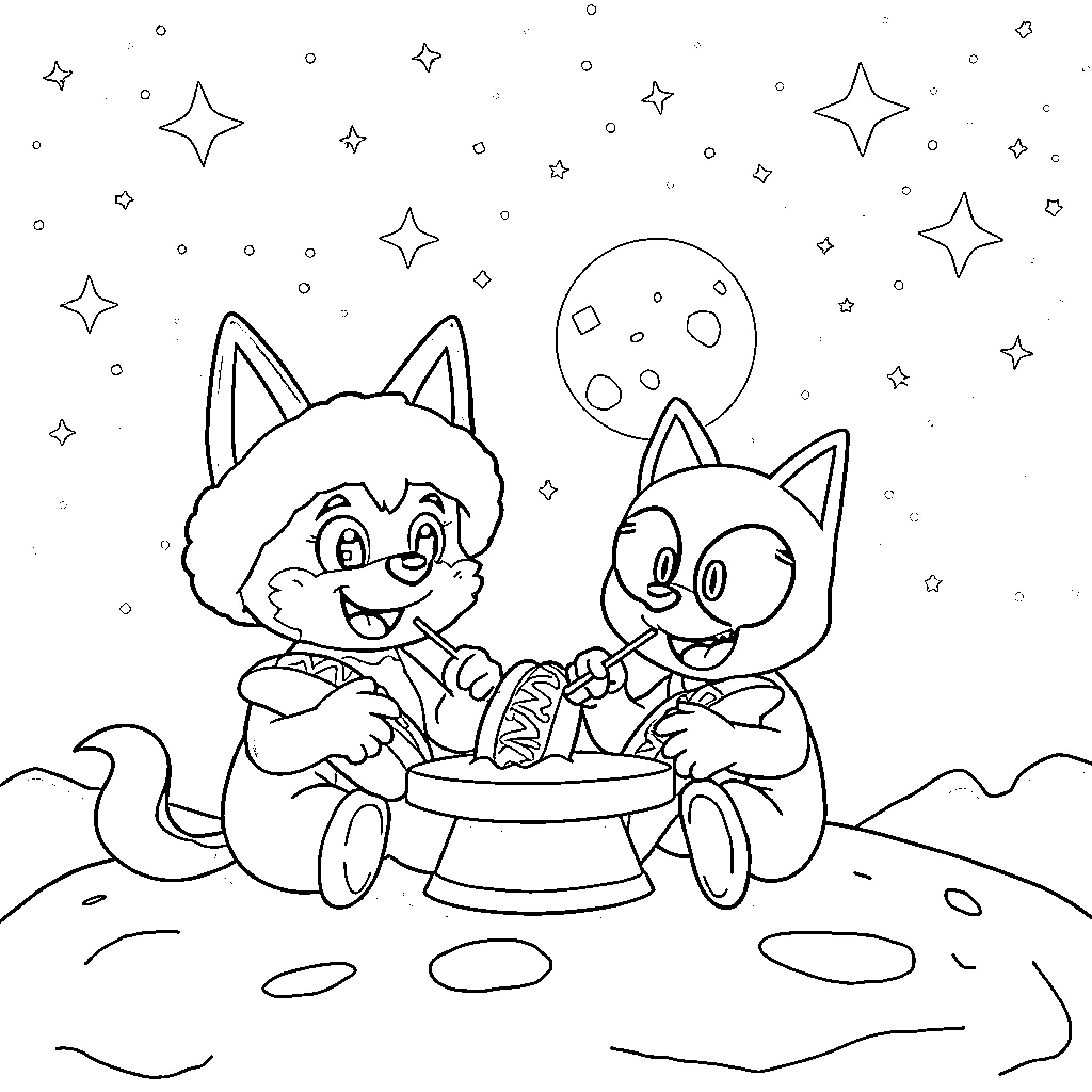 Bluey's Starry Night Adventure Coloring Page (free black-and-white line drawing printable PDF for all, from beginners to advanced learners, including children, teens, adults, and seniors)