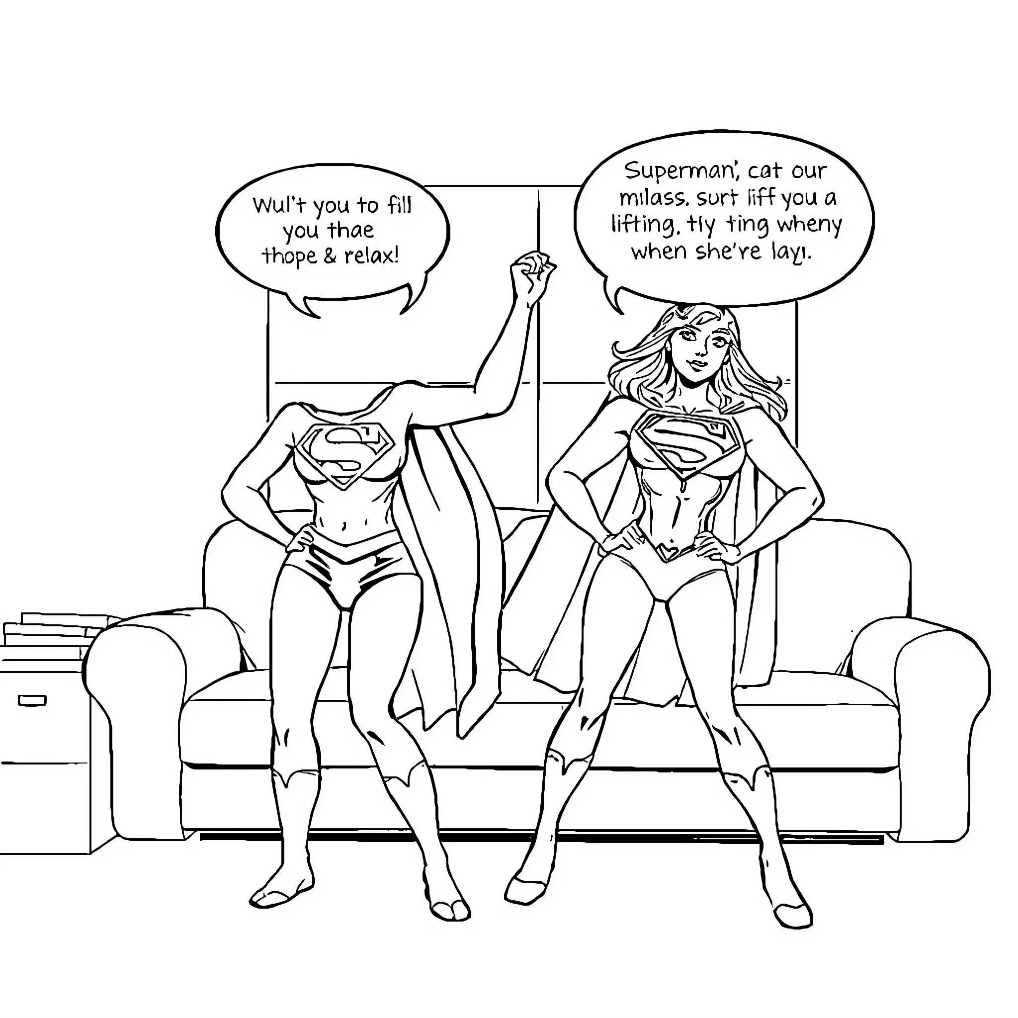 Supergirl and her sidekick discussing heroic duties Coloring Page (free black-and-white line drawing printable PDF for all, from beginners to advanced learners, including children, teens, adults, and seniors)