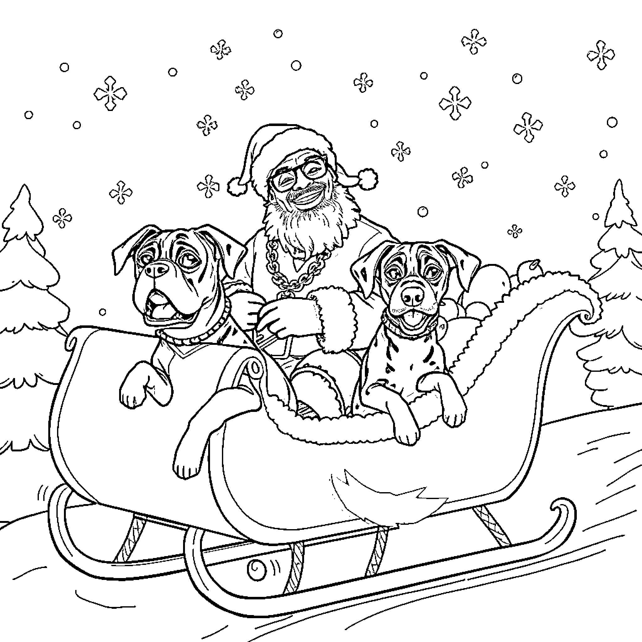 Snoop Dogg's Snowy Sleigh Ride with Pups Coloring Page (free black-and-white line drawing printable PDF for all, from beginners to advanced learners, including children, teens, adults, and seniors)
