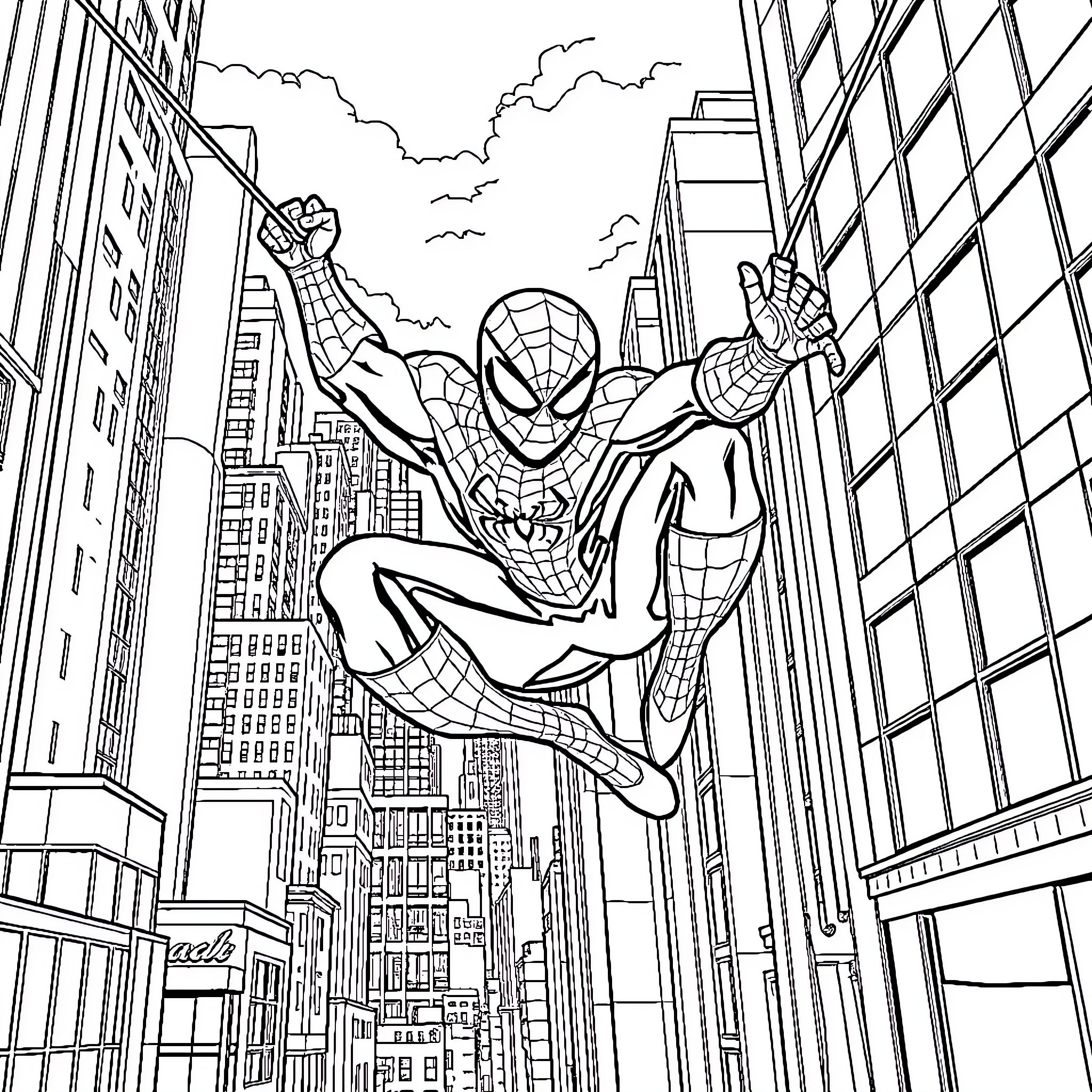 Spiderman swinging through the city skyline Coloring Page (free black-and-white line drawing printable PDF for all, from beginners to advanced learners, including children, teens, adults, and seniors)