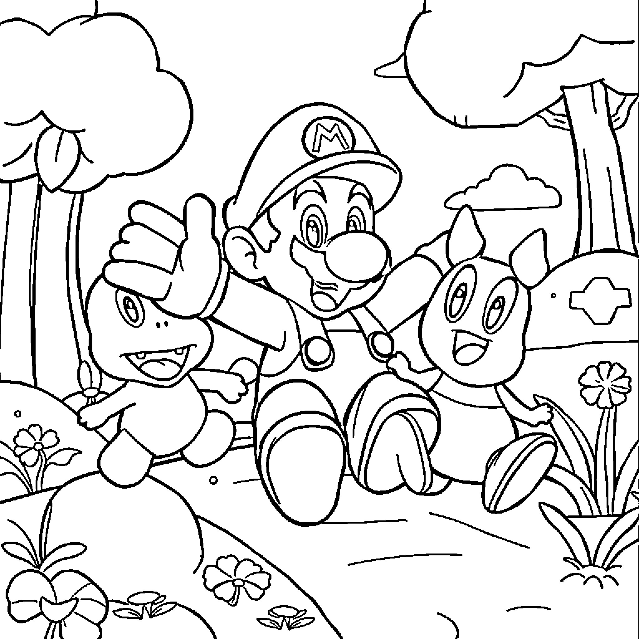 Mario's Adventurous Outing with Friendly Companions Coloring Page (free black-and-white line drawing printable PDF for all, from beginners to advanced learners, including children, teens, adults, and seniors)
