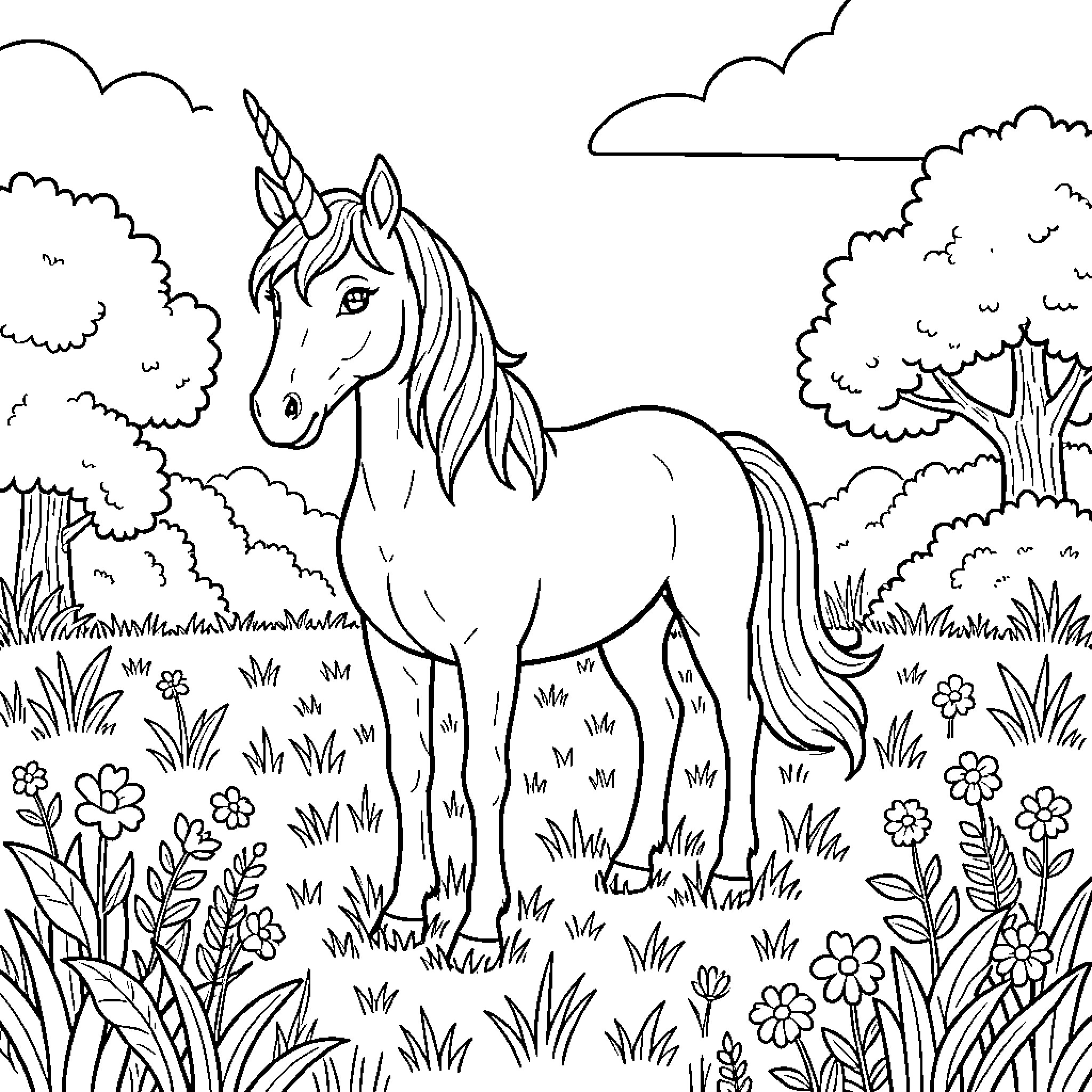 Unicorn standing peacefully in a flowery meadow Coloring Page (free black-and-white line drawing printable PDF for all, from beginners to advanced learners, including children, teens, adults, and seniors)