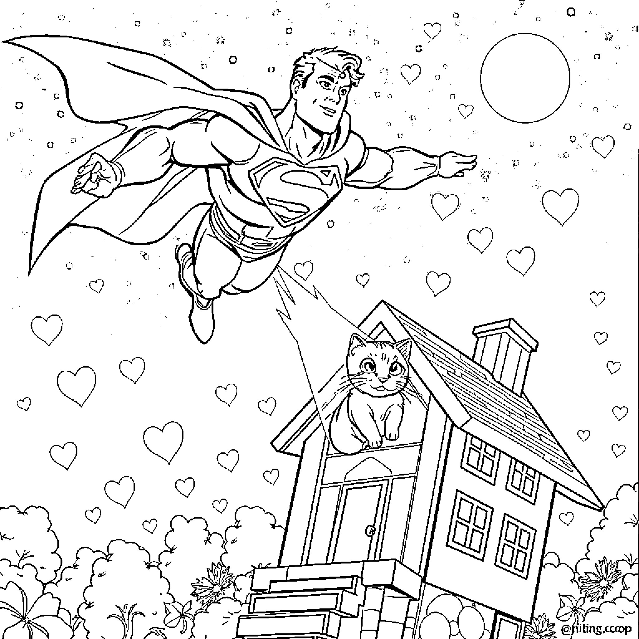 Superman saving a cat from a house Coloring Page (free black-and-white line drawing printable PDF for all, from beginners to advanced learners, including children, teens, adults, and seniors)