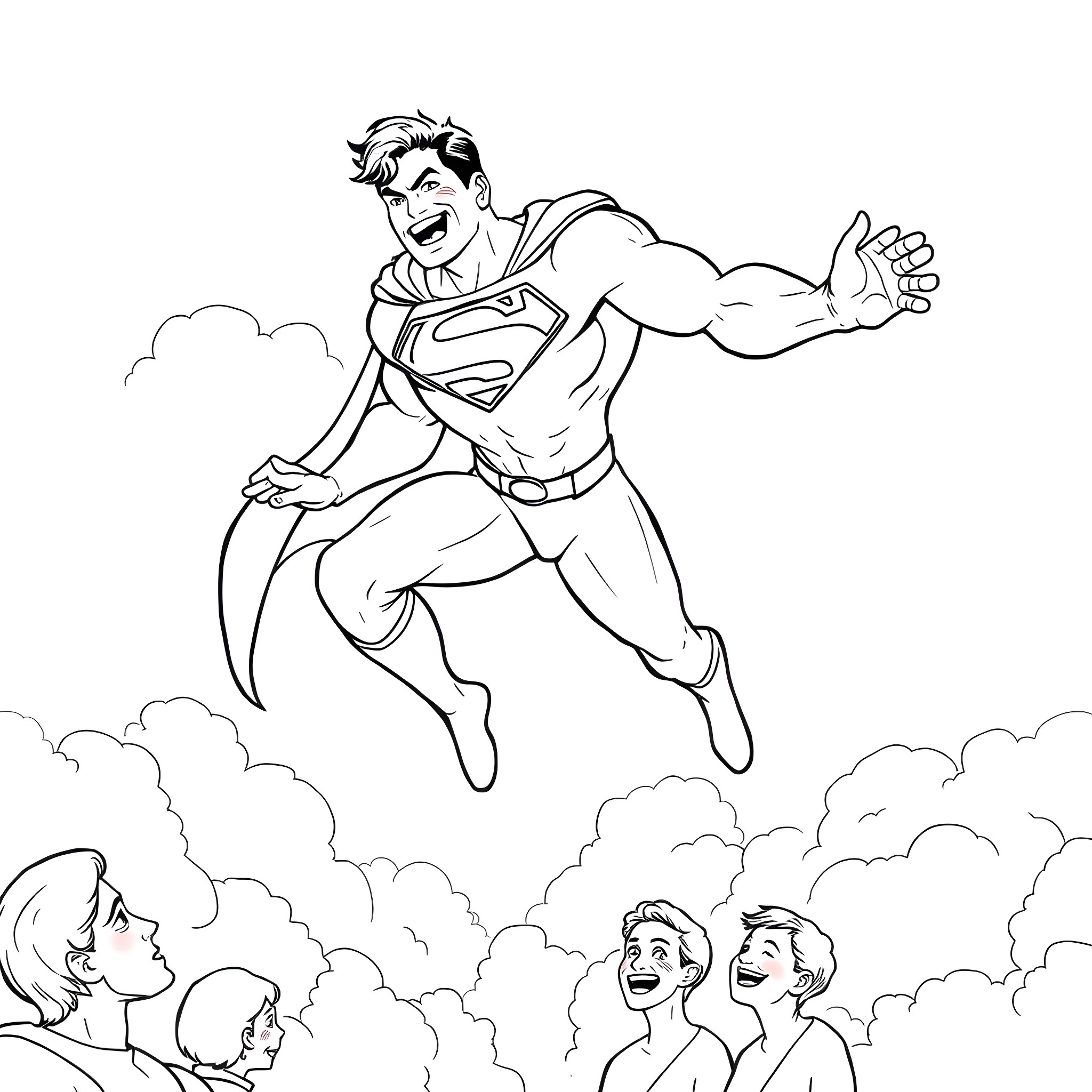 Superman flying heroically through the sky Coloring Page (free black-and-white line drawing printable PDF for all, from beginners to advanced learners, including children, teens, adults, and seniors)