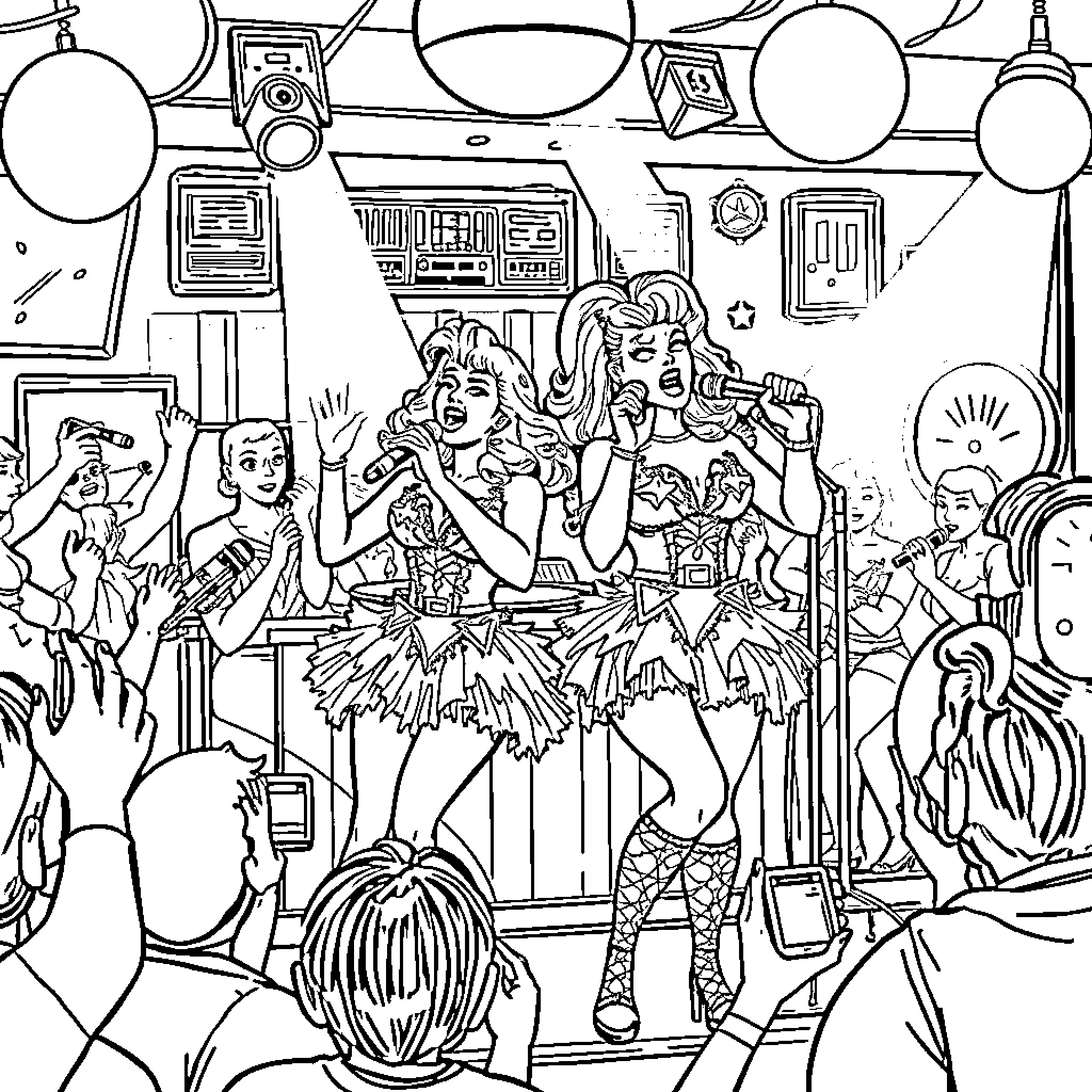 Connie and Carla perform on stage at a lively party Coloring Page (free black-and-white line drawing printable PDF for all, from beginners to advanced learners, including children, teens, adults, and seniors)