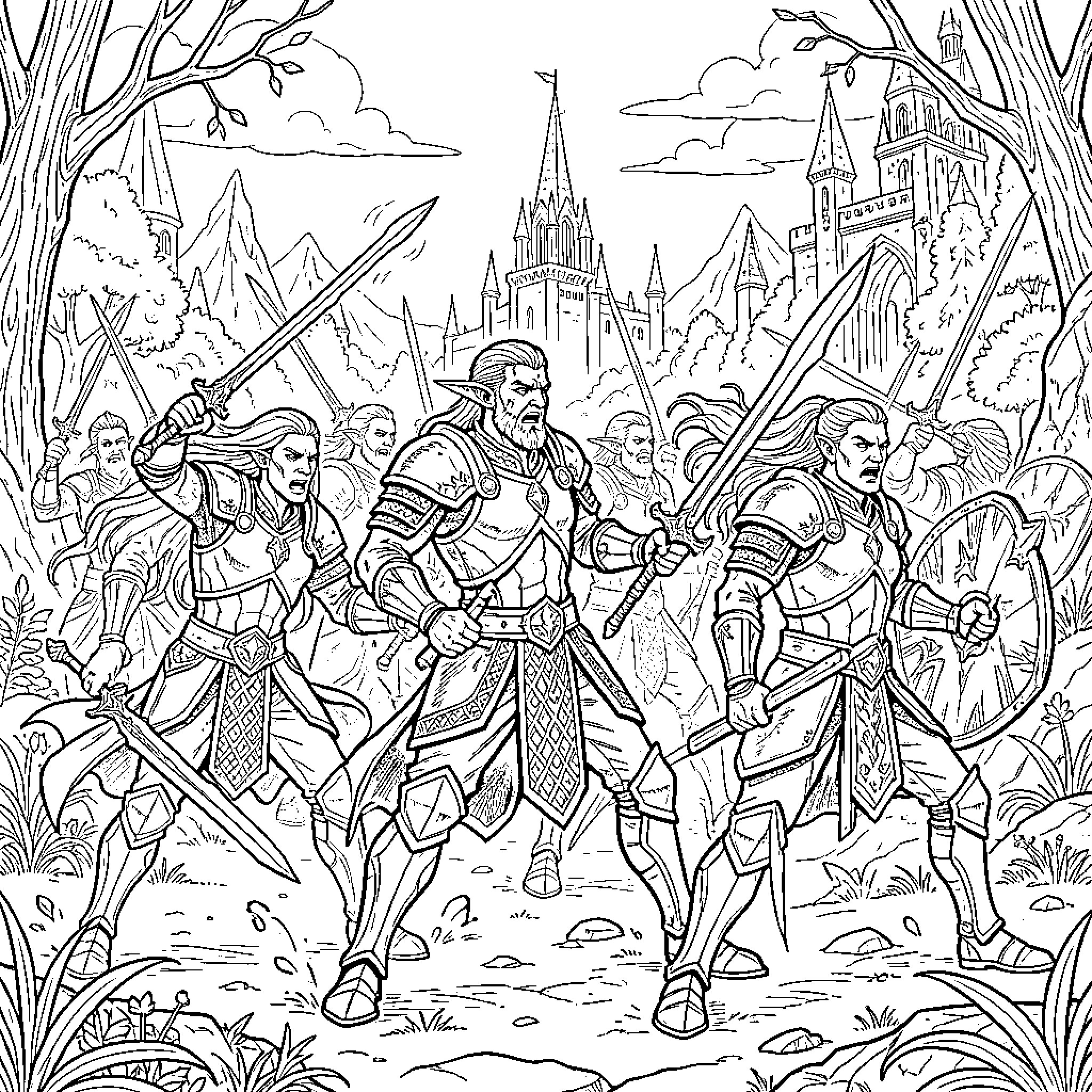 Elf warriors in epic fantasy battle scene Coloring Page (free black-and-white line drawing printable PDF for all, from beginners to advanced learners, including children, teens, adults, and seniors)