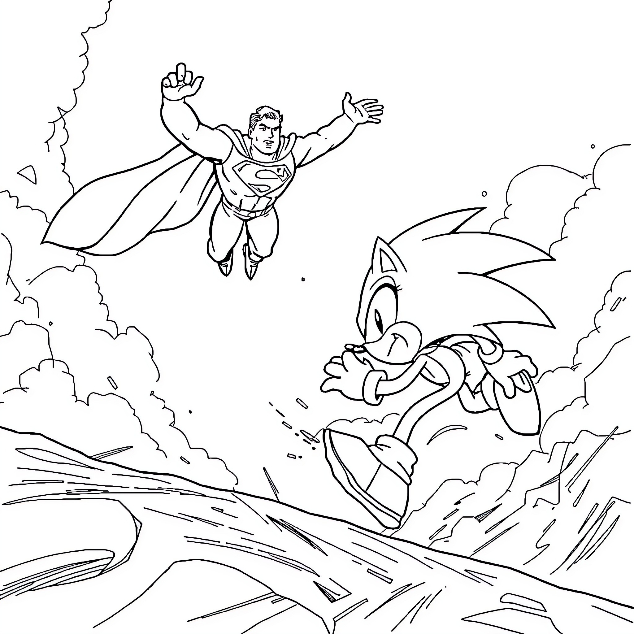 Superman rushing to rescue Sonic the Hedgehog in action-packed scene Coloring Page (free black-and-white line drawing printable PDF for all, from beginners to advanced learners, including children, teens, adults, and seniors)