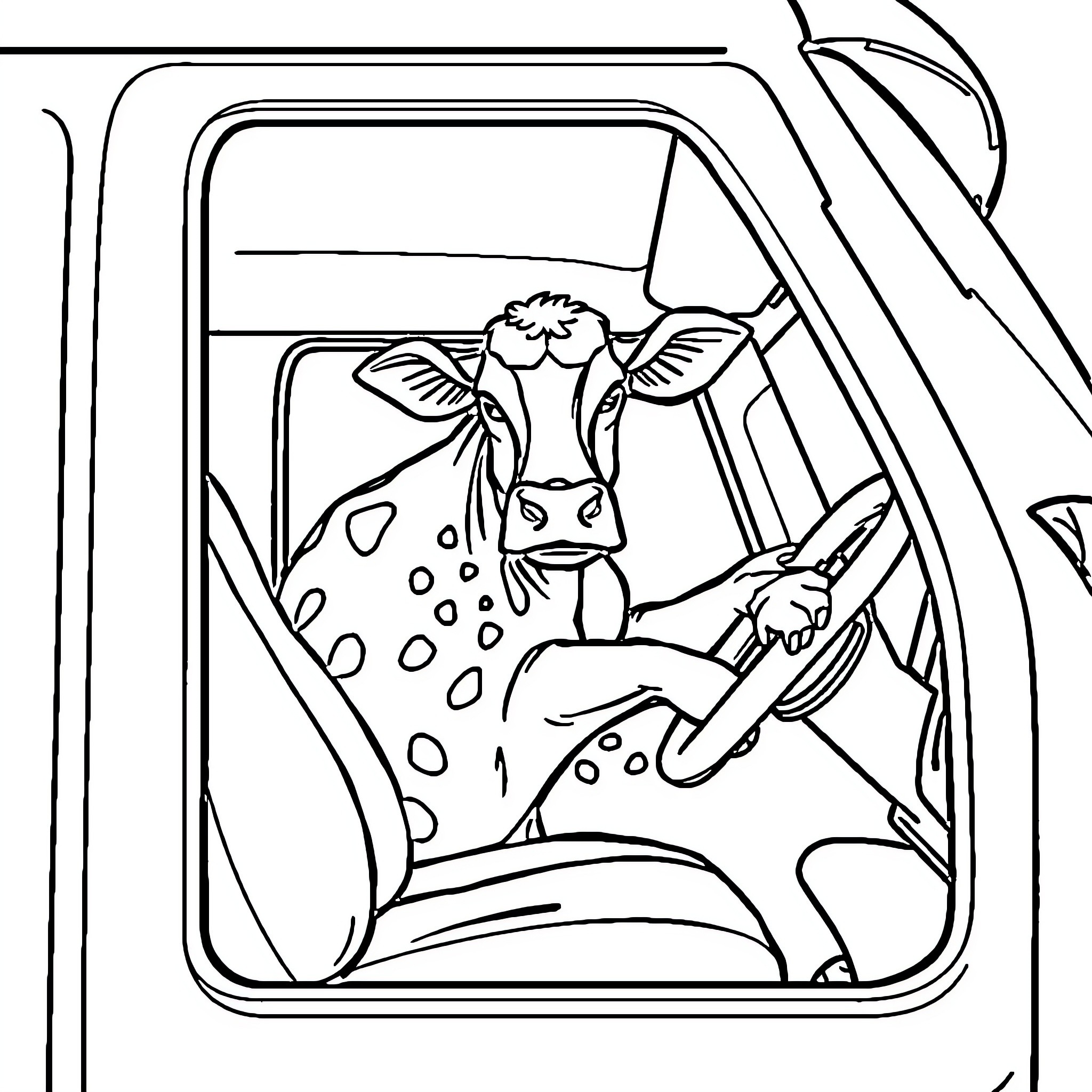 Cow peeking out from vehicle window Coloring Page (free black-and-white line drawing printable PDF for all, from beginners to advanced learners, including children, teens, adults, and seniors)