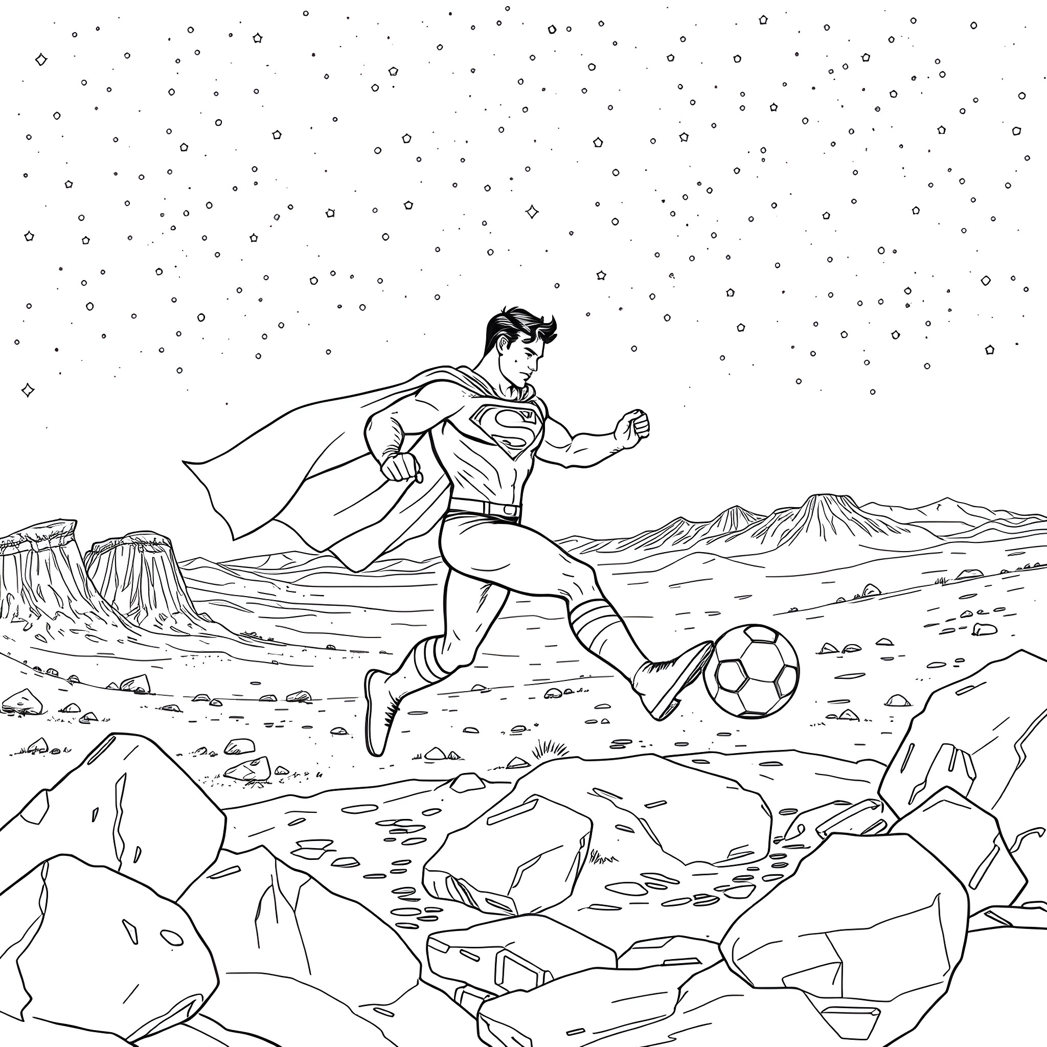 Superman playing soccer in a snowy desert landscape Coloring Page (free black-and-white line drawing printable PDF for all, from beginners to advanced learners, including children, teens, adults, and seniors)