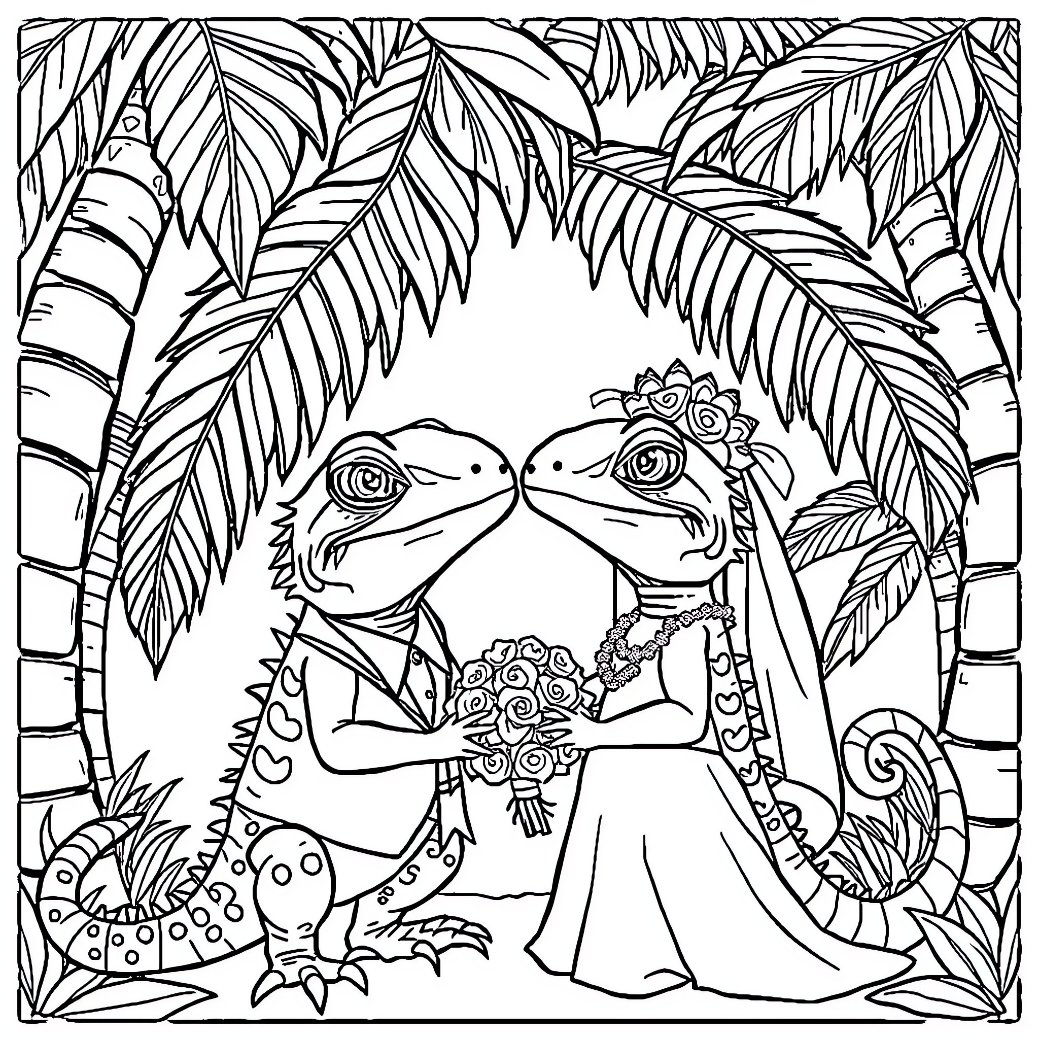 Iguana Couple Getting Married in Tropical Jungle Coloring Page (free black-and-white line drawing printable PDF for all, from beginners to advanced learners, including children, teens, adults, and seniors)