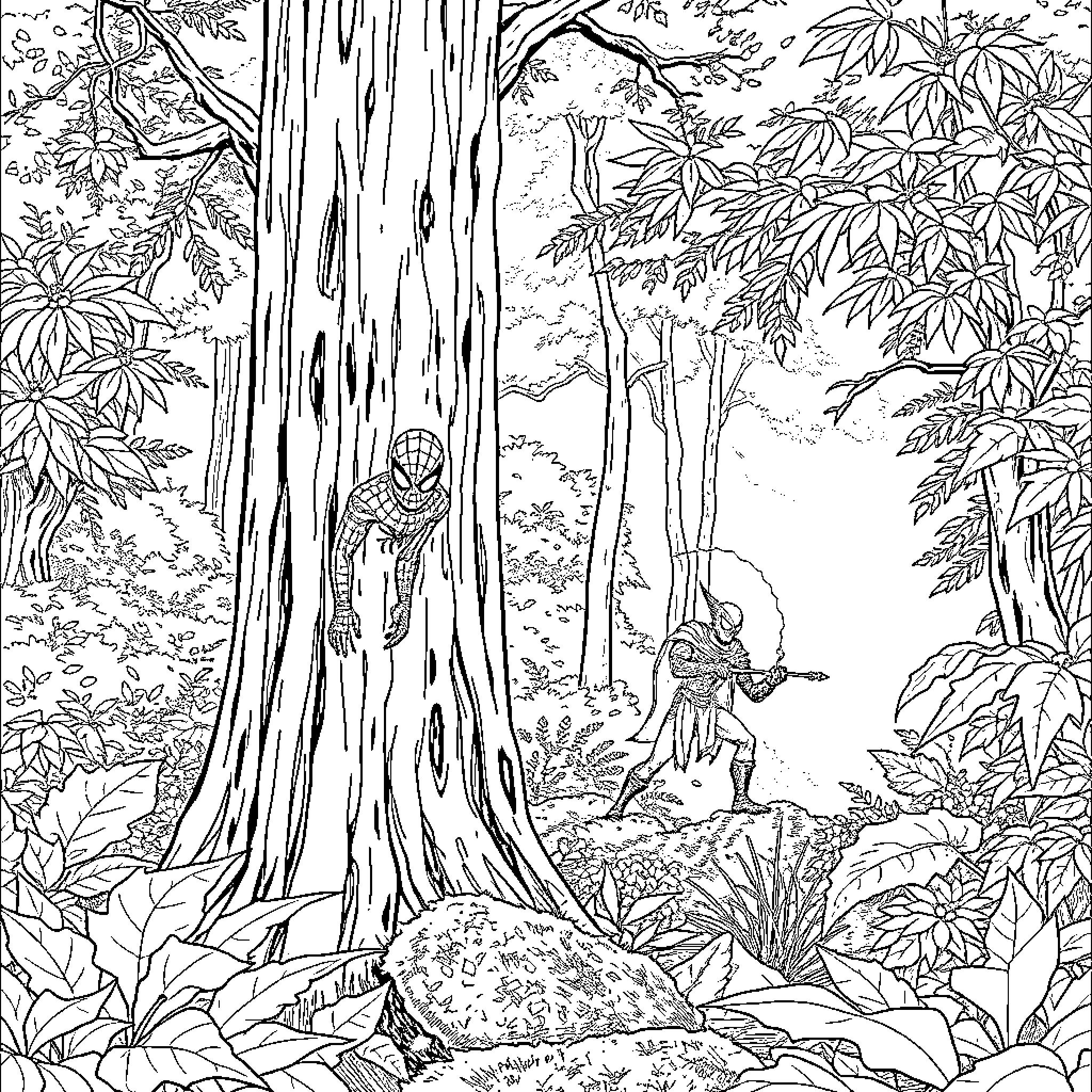 Spiderman swinging through forest with mysterious figure Coloring Page (free black-and-white line drawing printable PDF for all, from beginners to advanced learners, including children, teens, adults, and seniors)