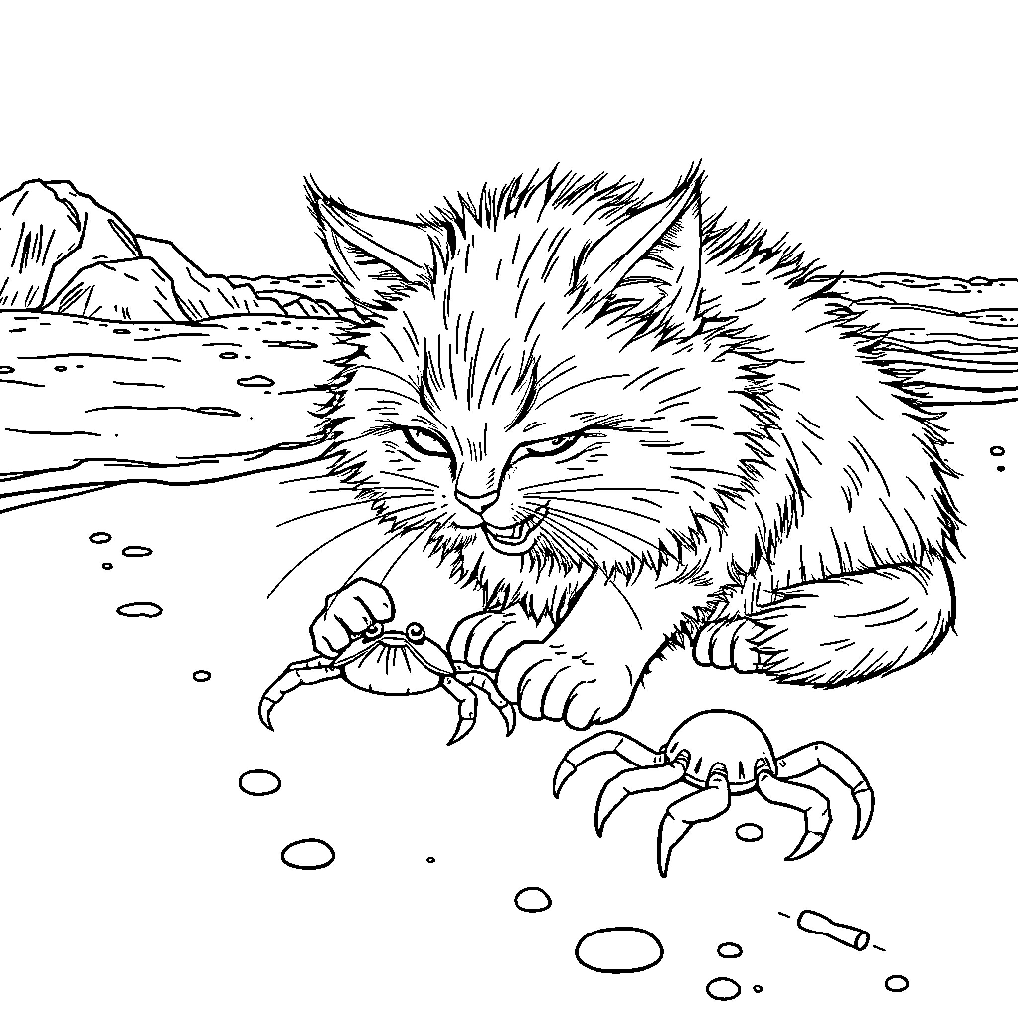Cat catching a crab on the beach Coloring Page (free black-and-white line drawing printable PDF for all, from beginners to advanced learners, including children, teens, adults, and seniors)
