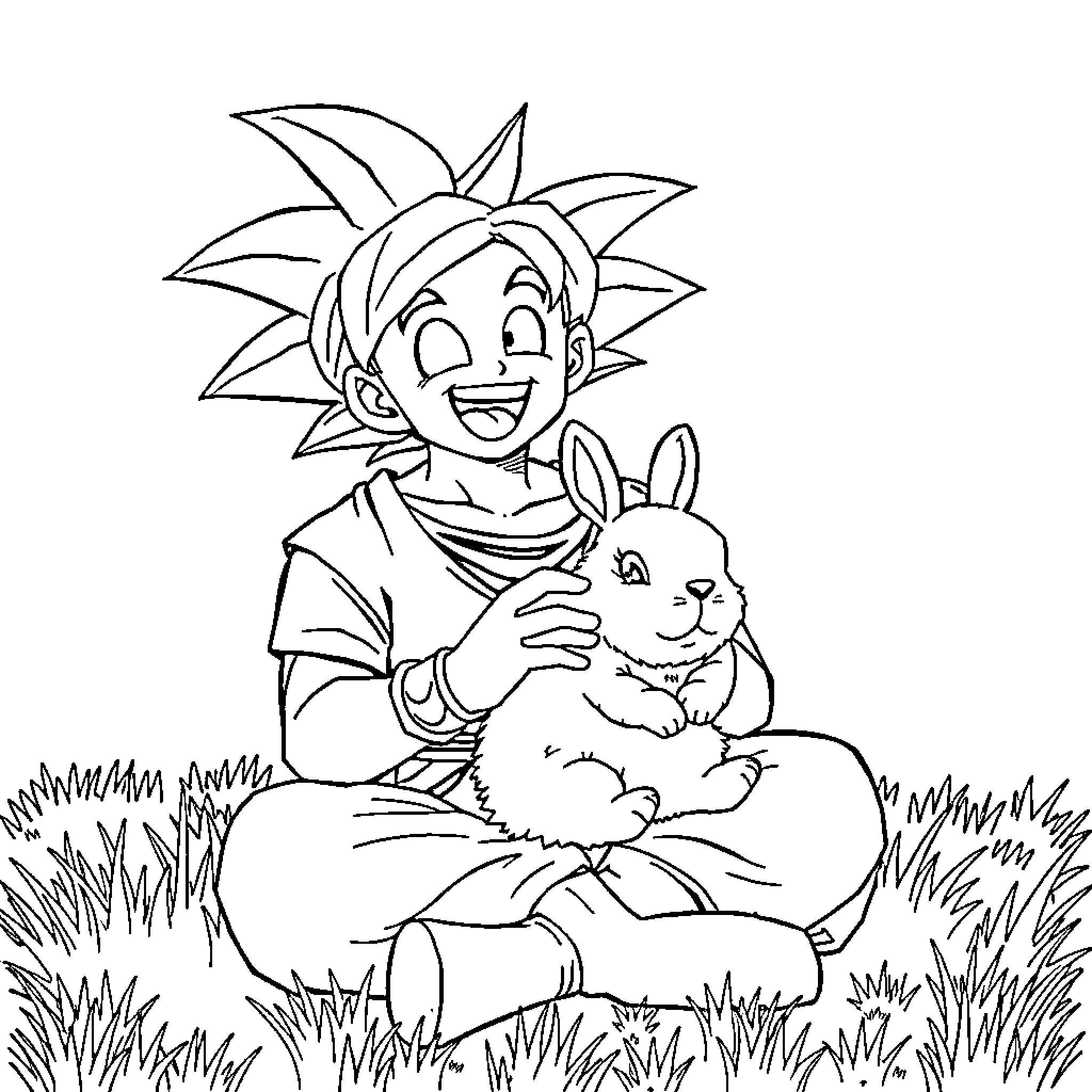 Songoku playing with a cute rabbit in the grass Coloring Page (free black-and-white line drawing printable PDF for all, from beginners to advanced learners, including children, teens, adults, and seniors)