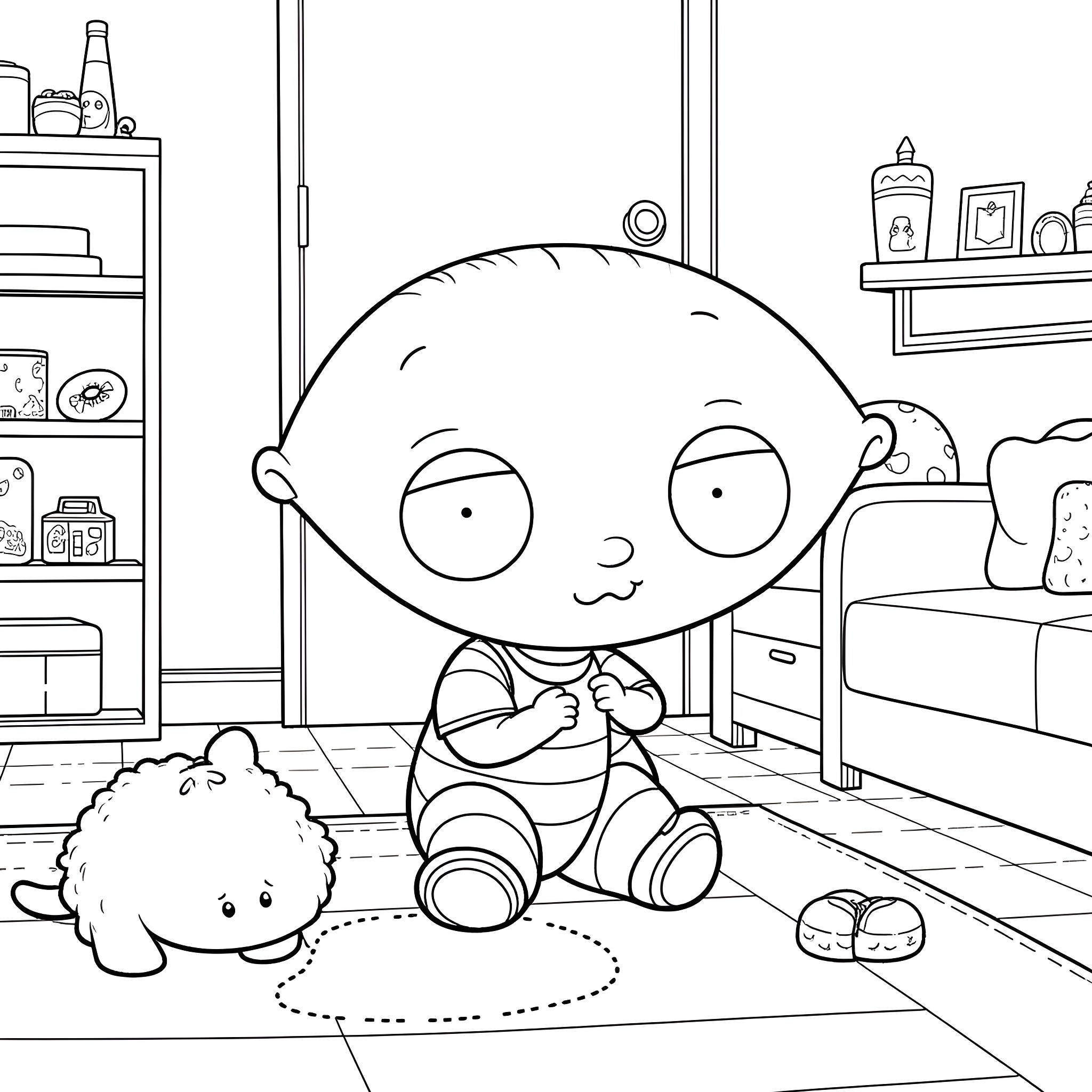 Stewie in a playful mood at home Coloring Page (free black-and-white line drawing printable PDF for all, from beginners to advanced learners, including children, teens, adults, and seniors)