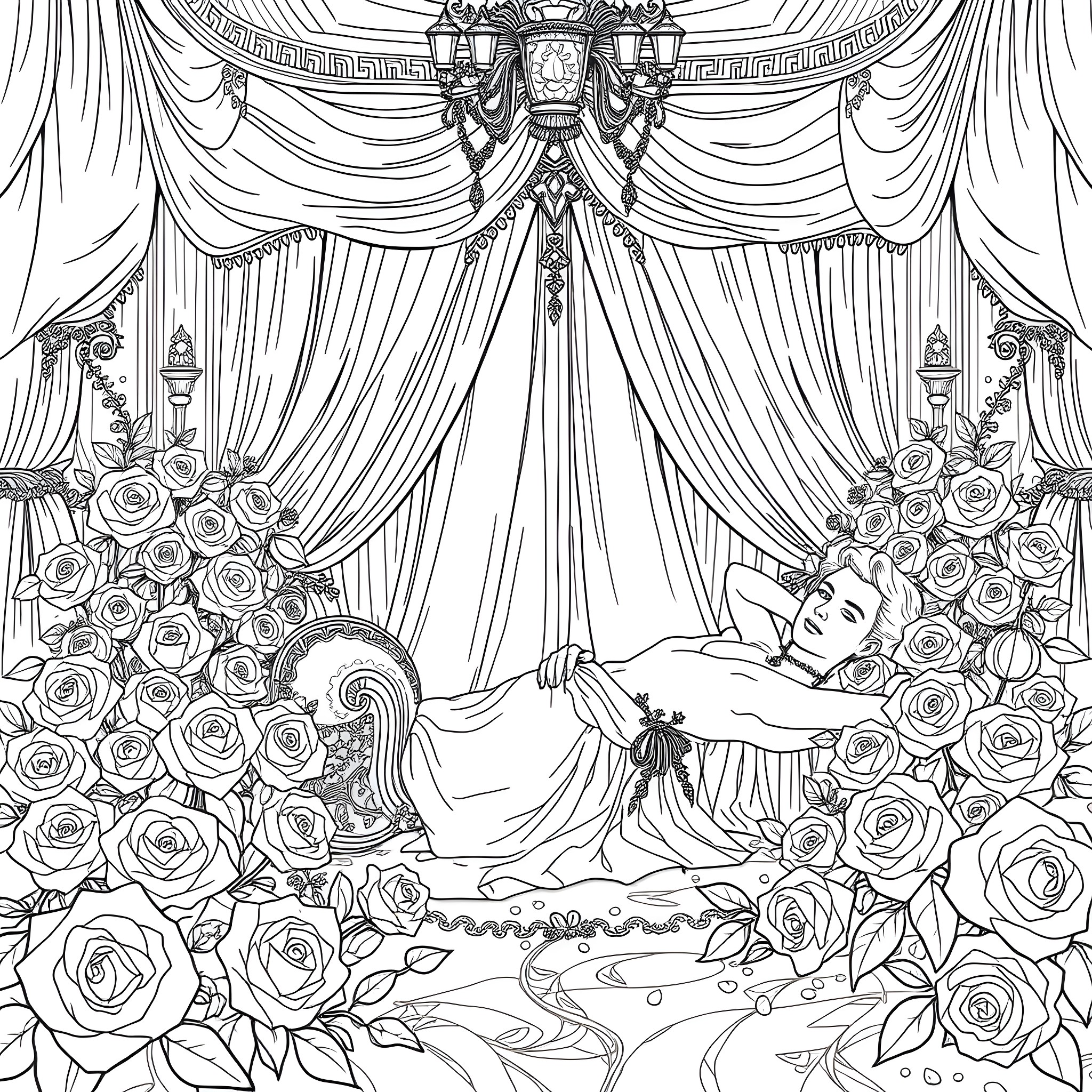 Rose-Draped Stage with Sleeping Beauty Coloring Page (free black-and-white line drawing printable PDF for all, from beginners to advanced learners, including children, teens, adults, and seniors)