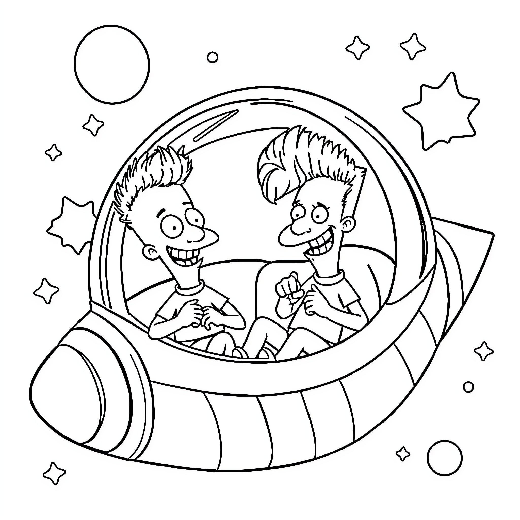 Beavis and Butt-Head in a Spaceship Adventure Coloring Page (free black-and-white line drawing printable PDF for all, from beginners to advanced learners, including children, teens, adults, and seniors)