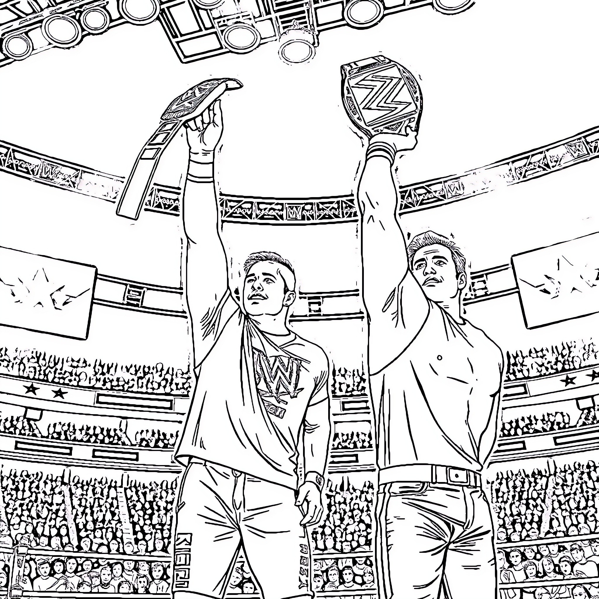Wrestlers celebrating victory in the ring Coloring Page (free black-and-white line drawing printable PDF for all, from beginners to advanced learners, including children, teens, adults, and seniors)
