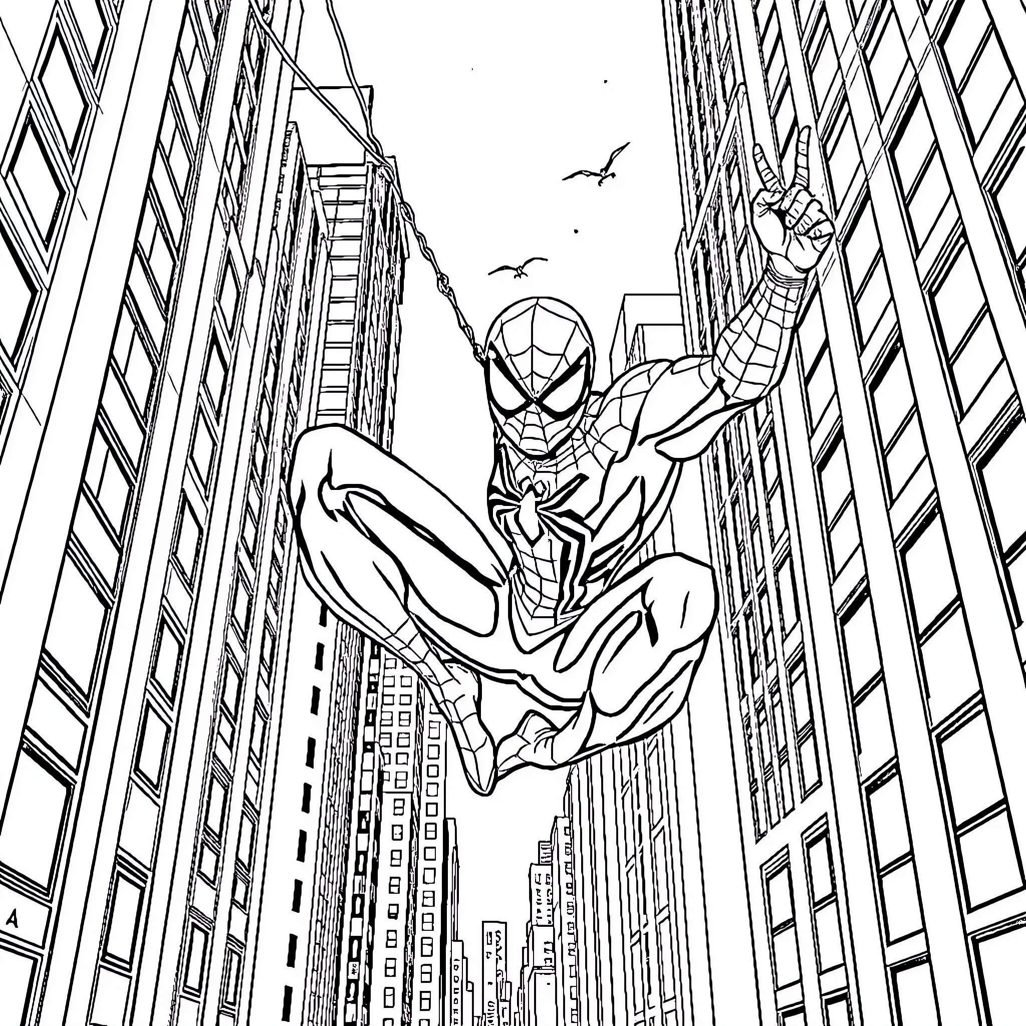 Spiderman swinging through the city skyline Coloring Page (free black-and-white line drawing printable PDF for all, from beginners to advanced learners, including children, teens, adults, and seniors)