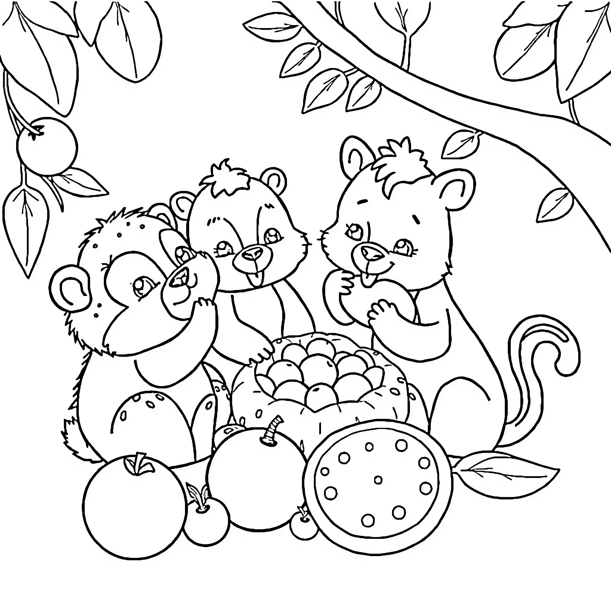 Animal friends gathering fruit in the nature Coloring Page (free black-and-white line drawing printable PDF for all, from beginners to advanced learners, including children, teens, adults, and seniors)