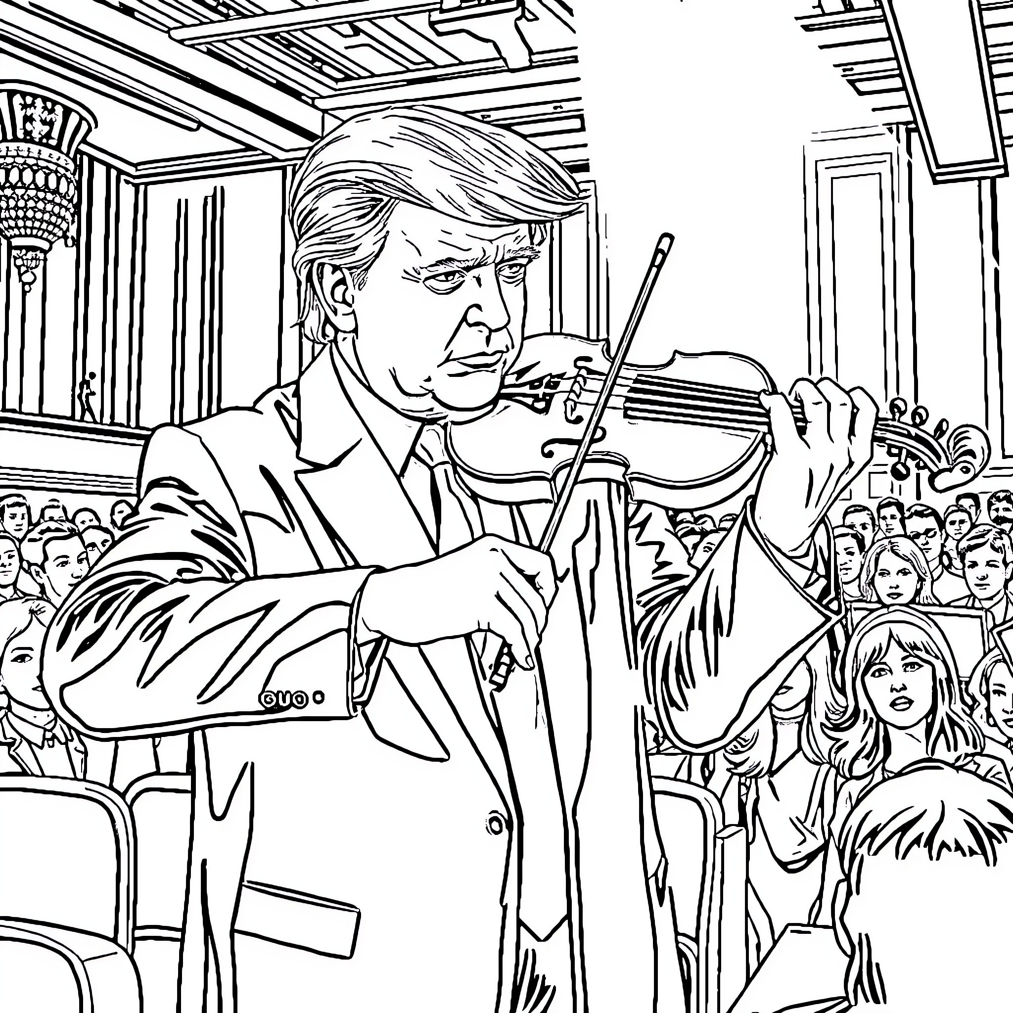 Trump playing the violin on stage Coloring Page (free black-and-white line drawing printable PDF for all, from beginners to advanced learners, including children, teens, adults, and seniors)