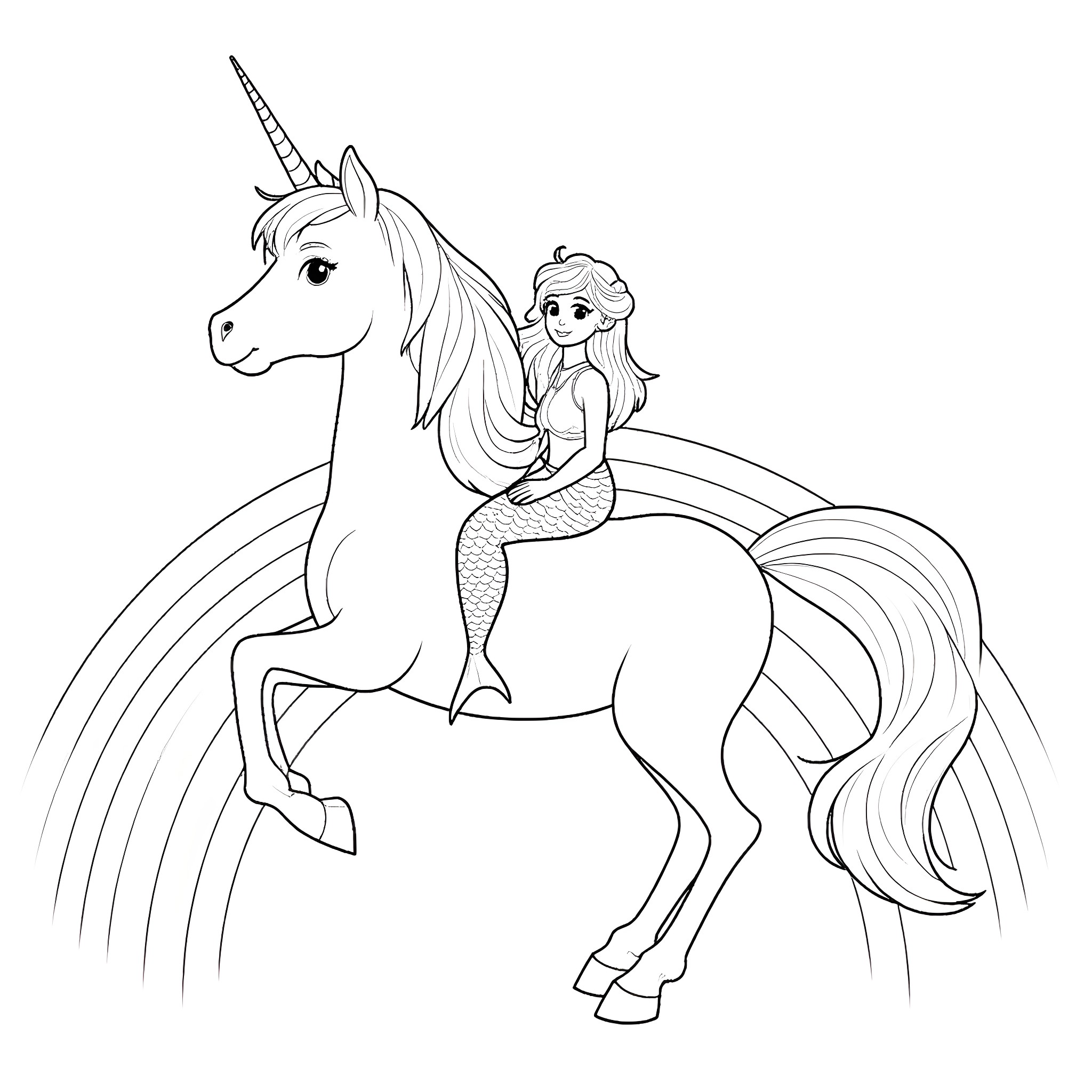 Unicorn and mermaid riding together happily Coloring Page (free black-and-white line drawing printable PDF for all, from beginners to advanced learners, including children, teens, adults, and seniors)