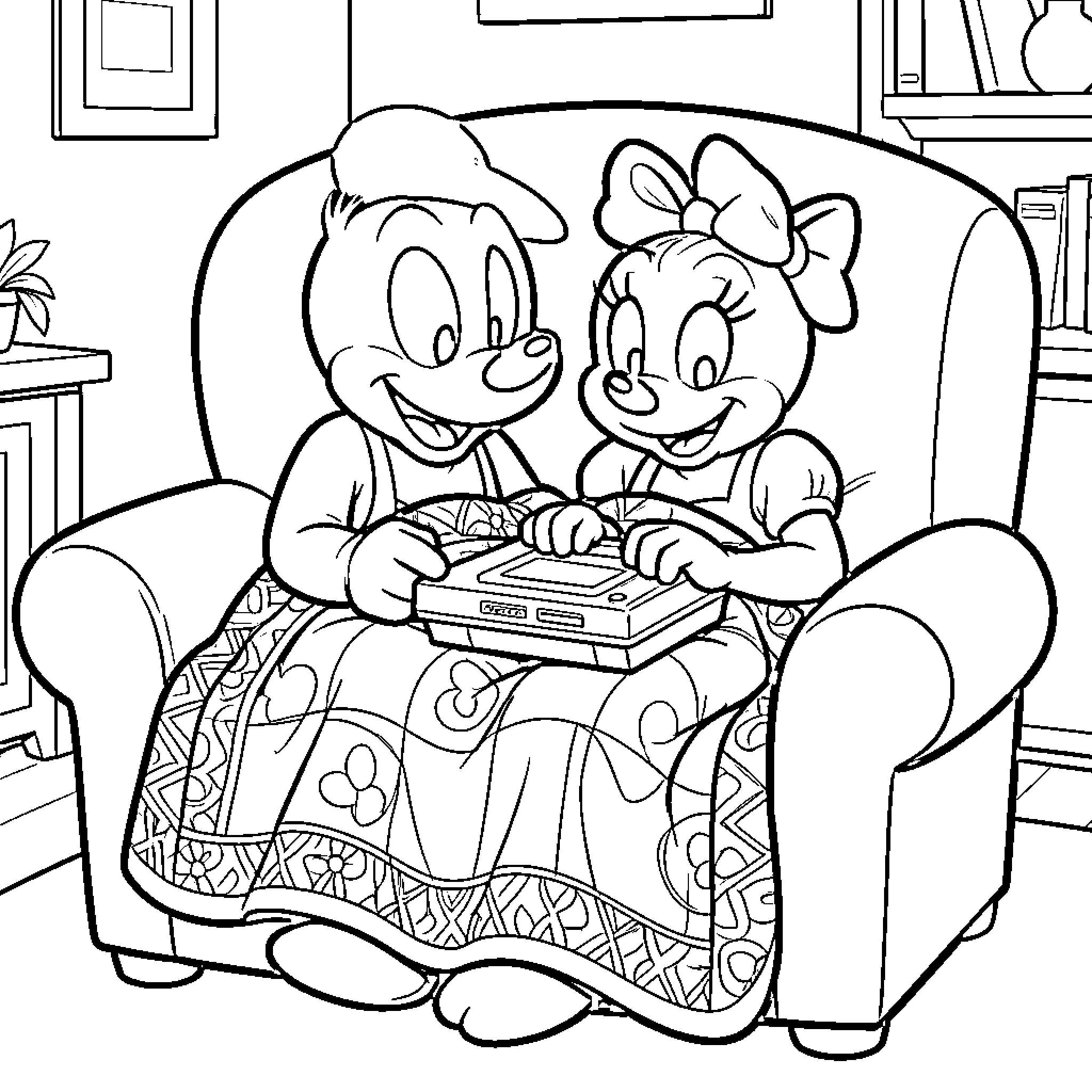 Donald Duck and Minnie Mouse playing video games on the couch Coloring Page (free black-and-white line drawing printable PDF for all, from beginners to advanced learners, including children, teens, adults, and seniors)