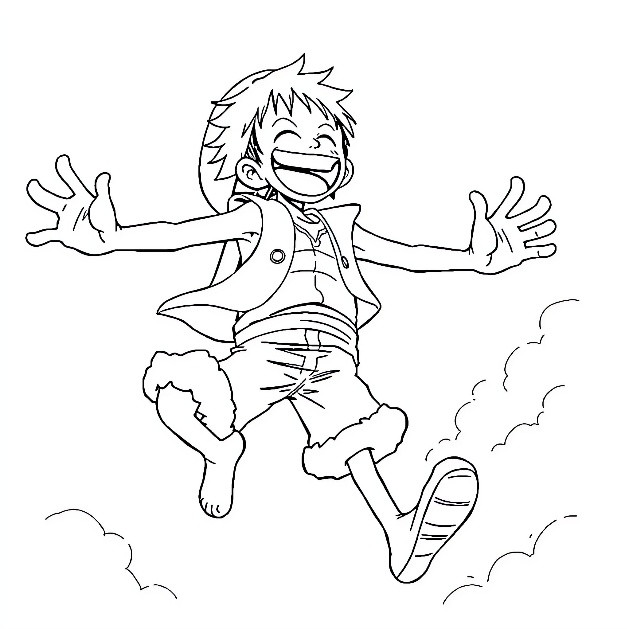 Monkey D Luffy joyfully jumping in the air Coloring Page (free black-and-white line drawing printable PDF for all, from beginners to advanced learners, including children, teens, adults, and seniors)