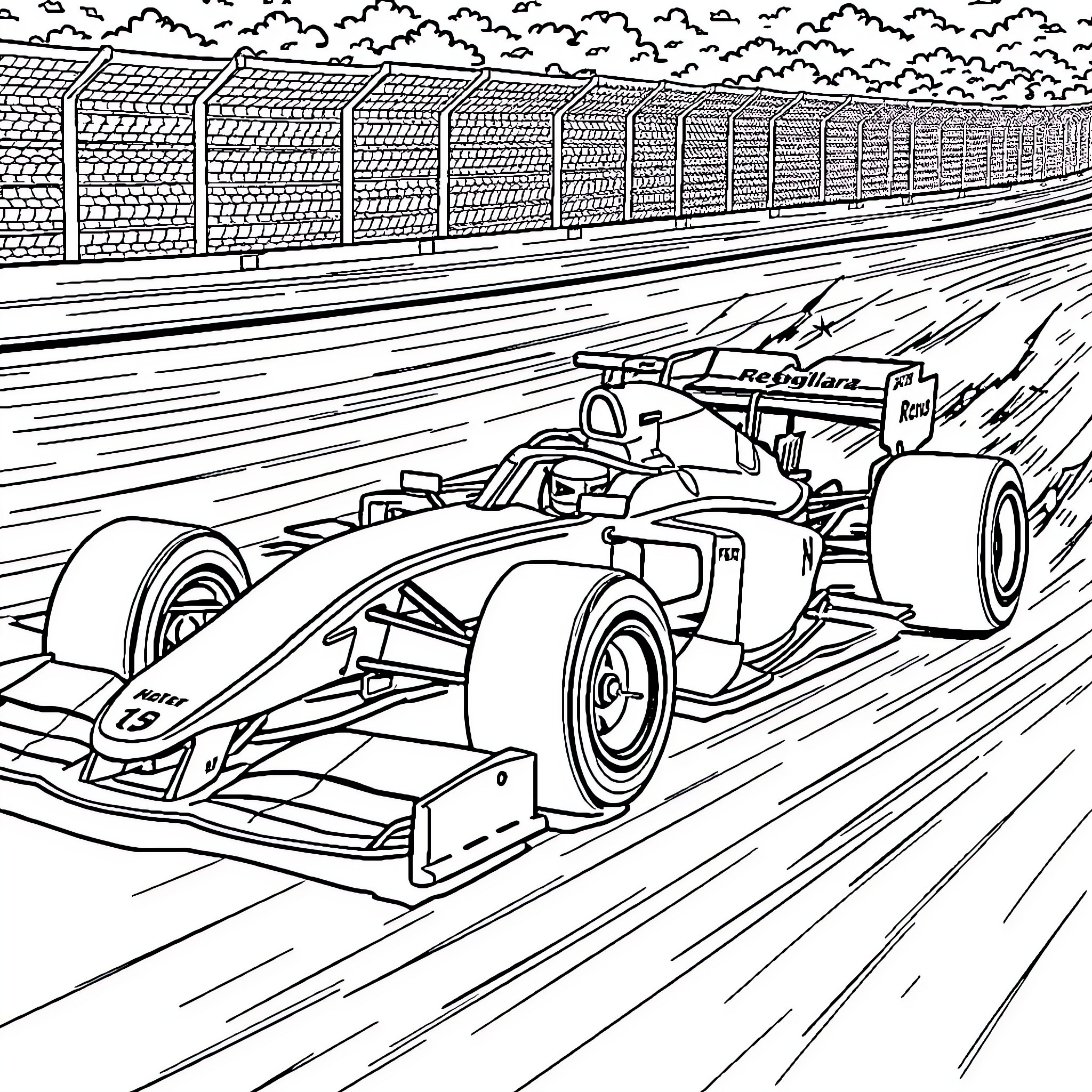 Formula 1 Car speeding on the racetrack Coloring Page (free black-and-white line drawing printable PDF for all, from beginners to advanced learners, including children, teens, adults, and seniors)