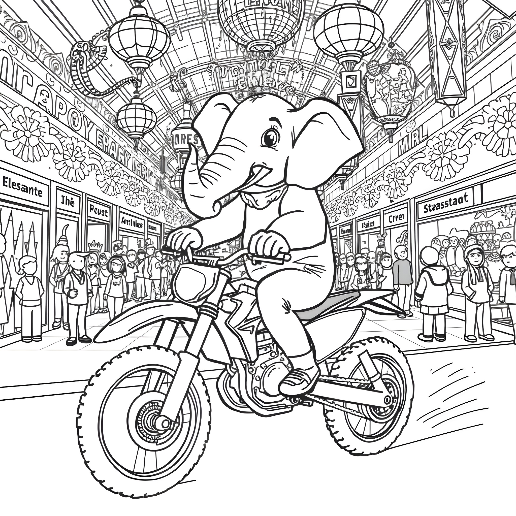 Elephant rides motorcycle through crowded city market Coloring Page (free black-and-white line drawing printable PDF for all, from beginners to advanced learners, including children, teens, adults, and seniors)