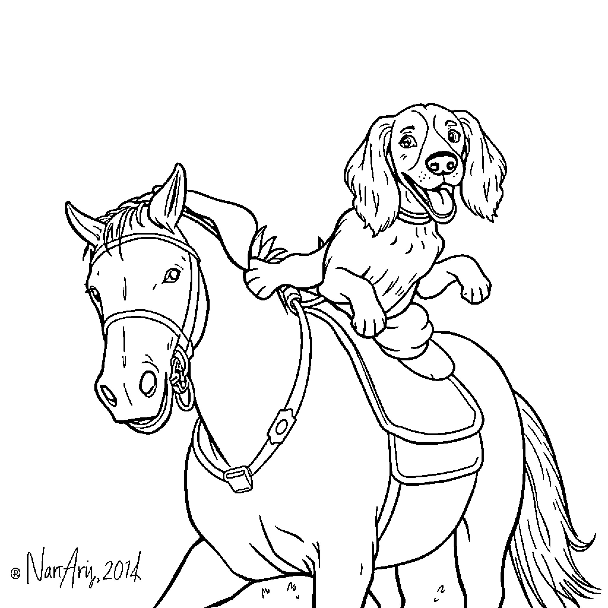 Dog riding a horse happily Coloring Page (free black-and-white line drawing printable PDF for all, from beginners to advanced learners, including children, teens, adults, and seniors)