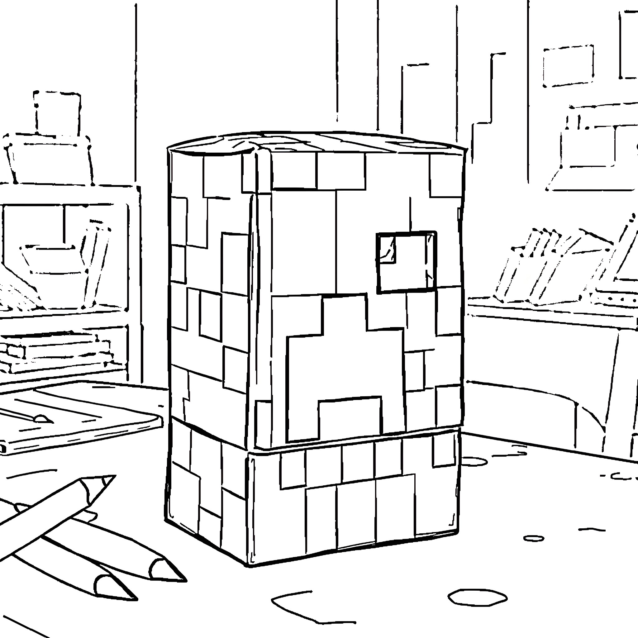 Creeper Hiding in a Pixelated Environment Coloring Page (free black-and-white line drawing printable PDF for all, from beginners to advanced learners, including children, teens, adults, and seniors)