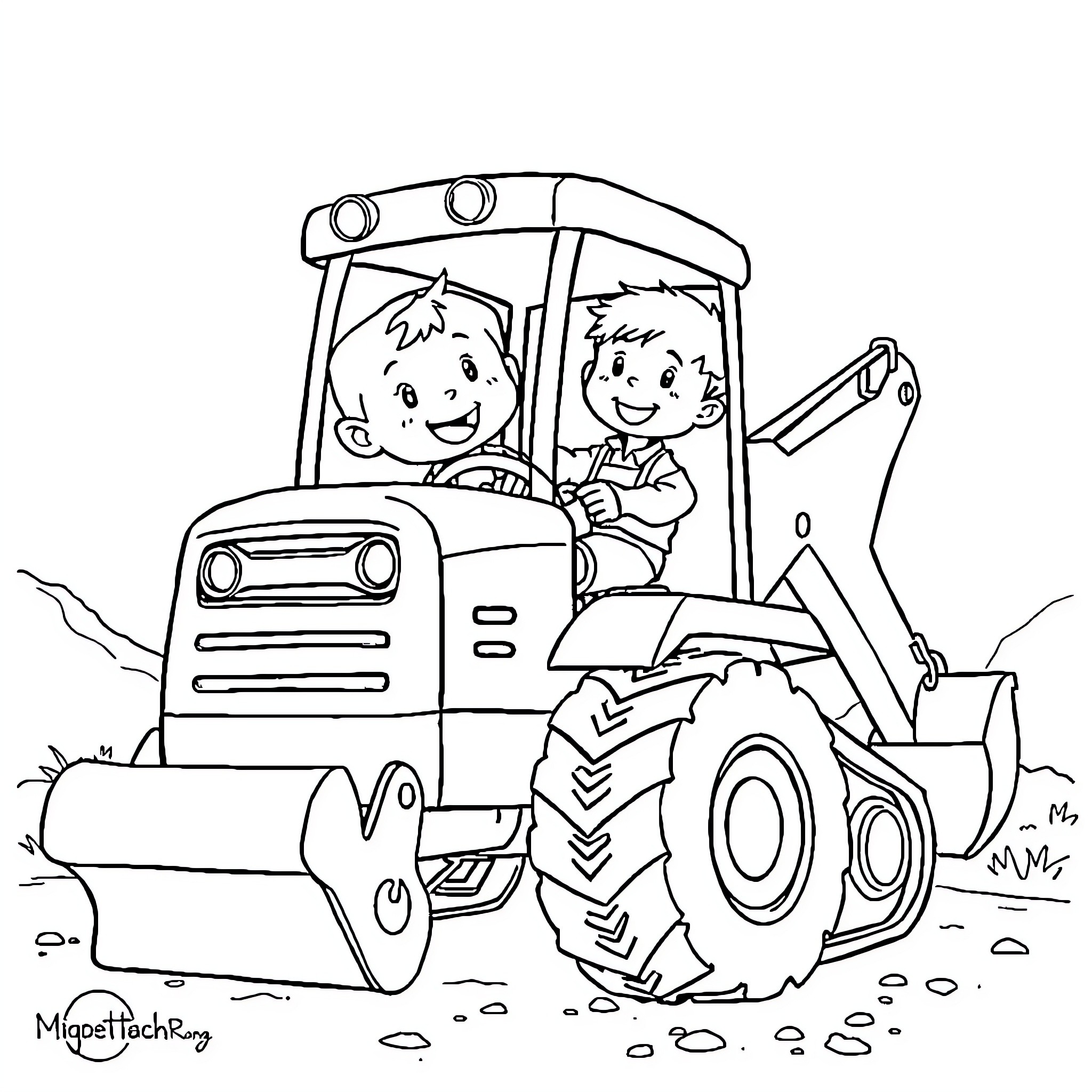 Teddy's Tractor Adventure Coloring Page (free black-and-white line drawing printable PDF for all, from beginners to advanced learners, including children, teens, adults, and seniors)