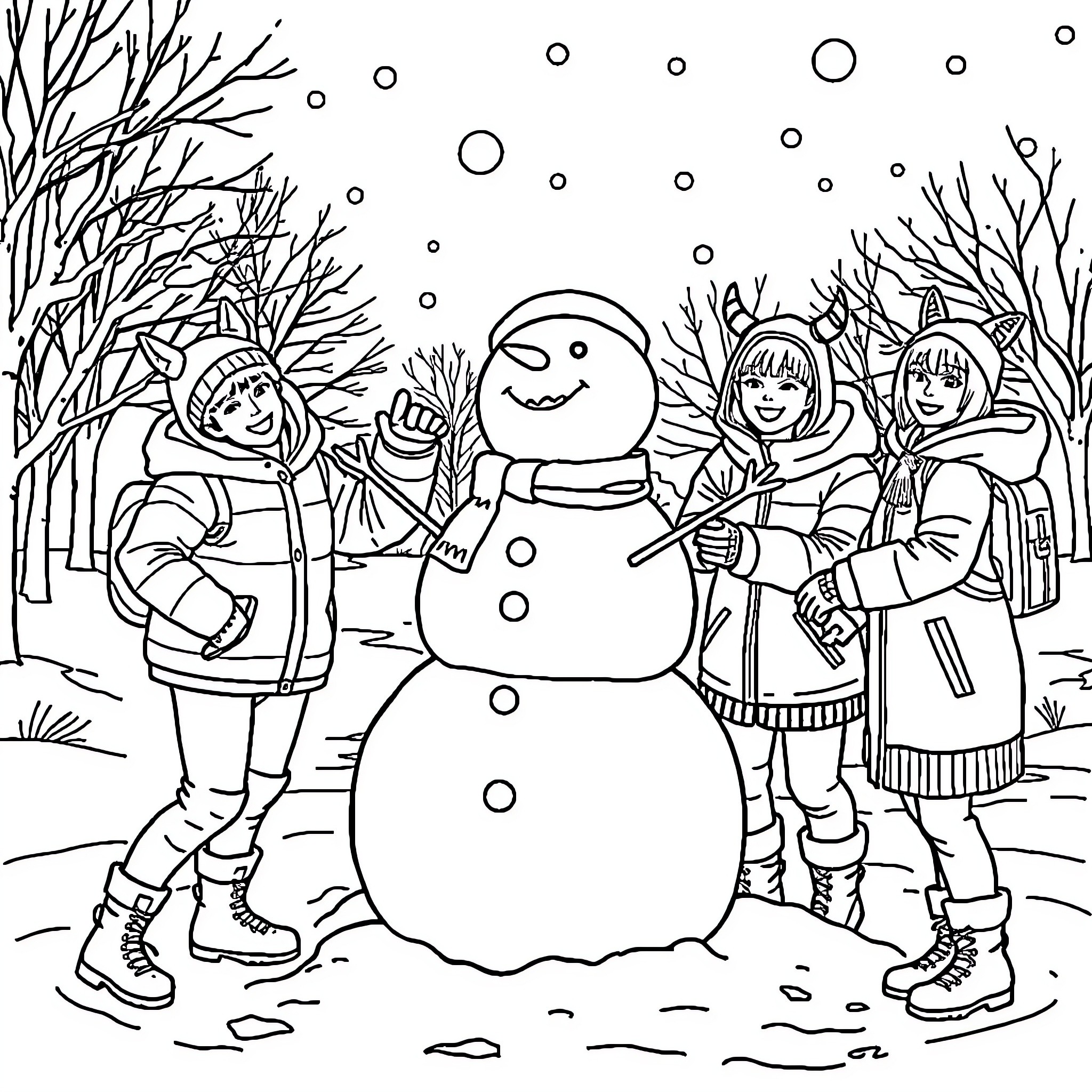 Demon Hunter Playing with Children and Building a Snowman Coloring Page (free black-and-white line drawing printable PDF for all, from beginners to advanced learners, including children, teens, adults, and seniors)