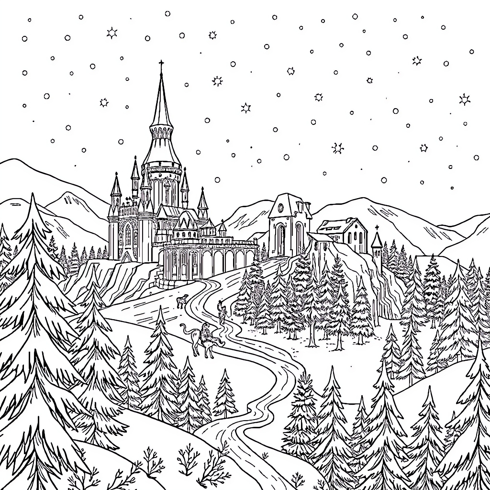 Snow Queen's Enchanting Winter Palace Coloring Page (free black-and-white line drawing printable PDF for all, from beginners to advanced learners, including children, teens, adults, and seniors)