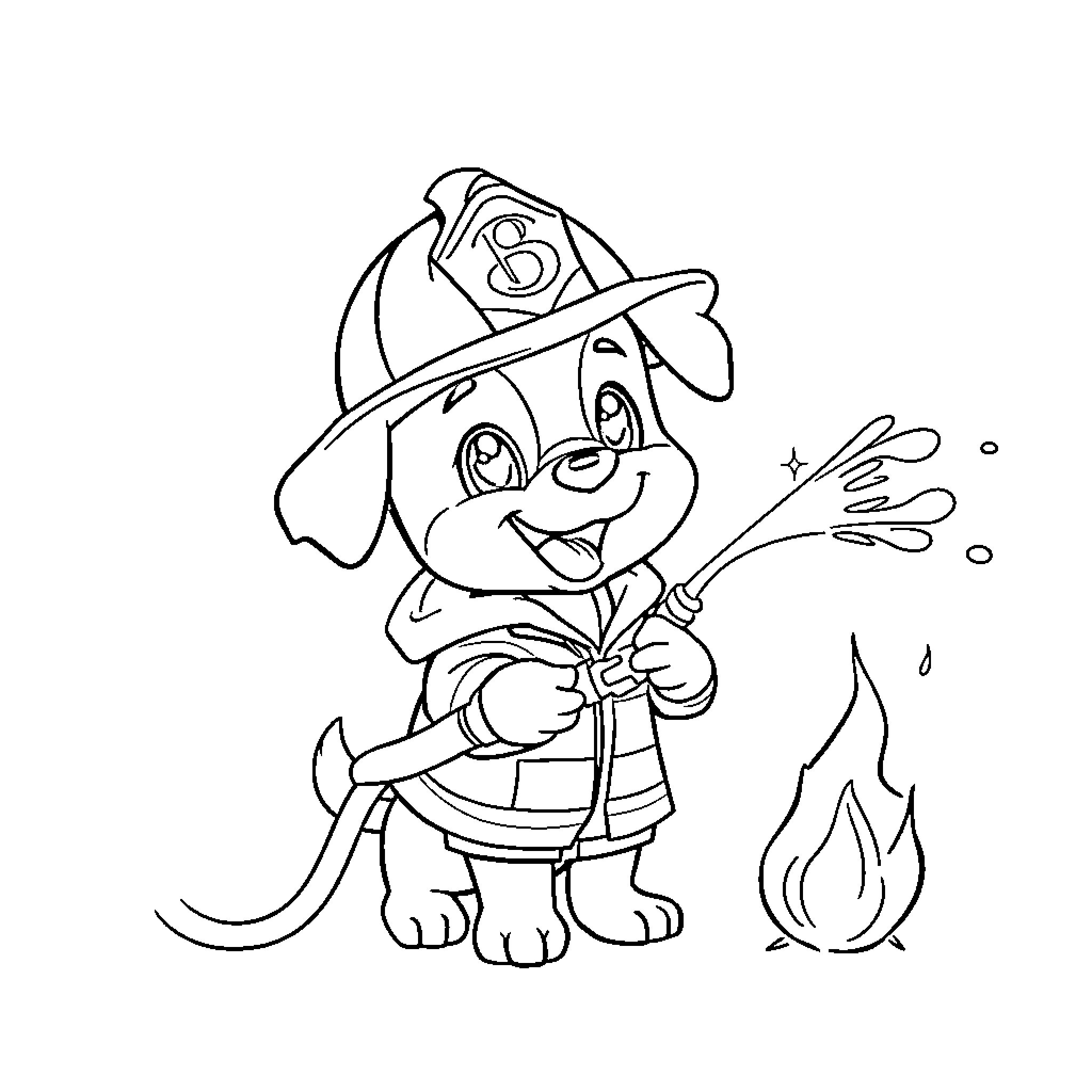 Dog Firefighter Putting Out Flames Coloring Page (free black-and-white line drawing printable PDF for all, from beginners to advanced learners, including children, teens, adults, and seniors)