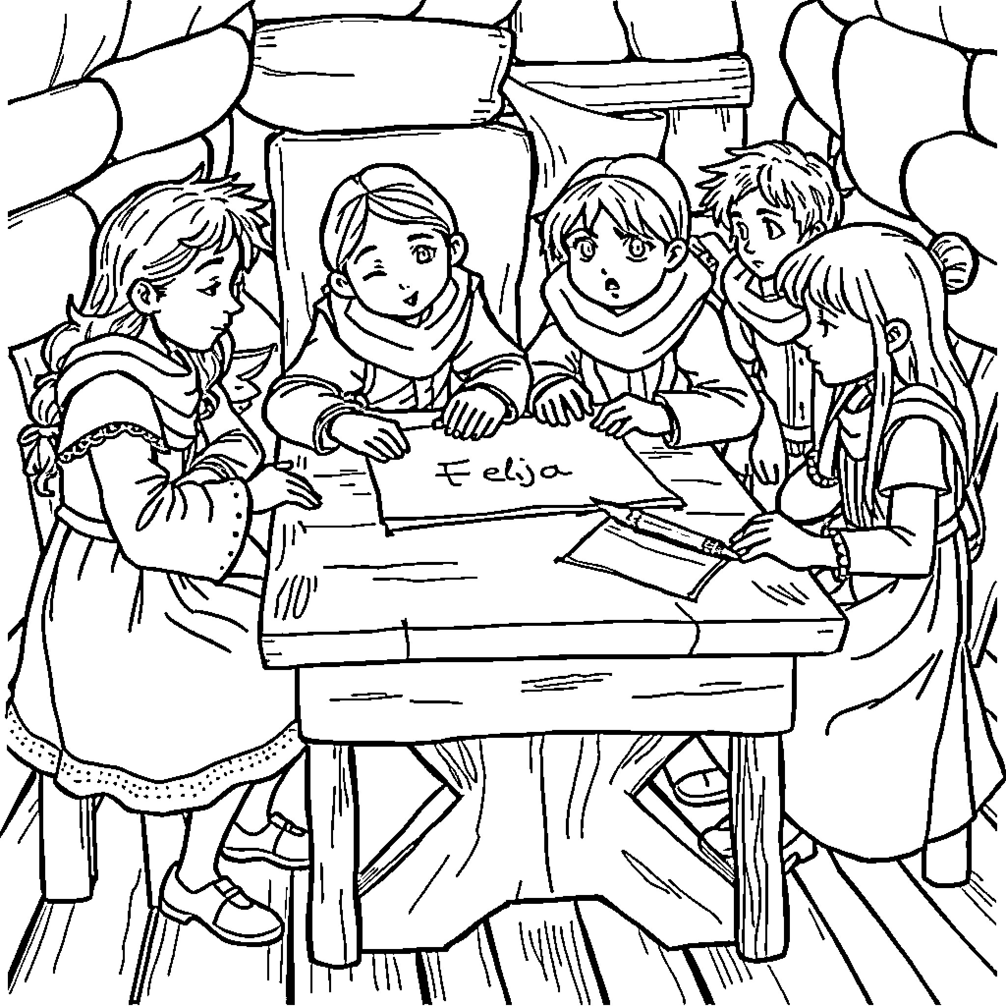 Howl's Moving Castle: Children studying at a desk Coloring Page (free black-and-white line drawing printable PDF for all, from beginners to advanced learners, including children, teens, adults, and seniors)