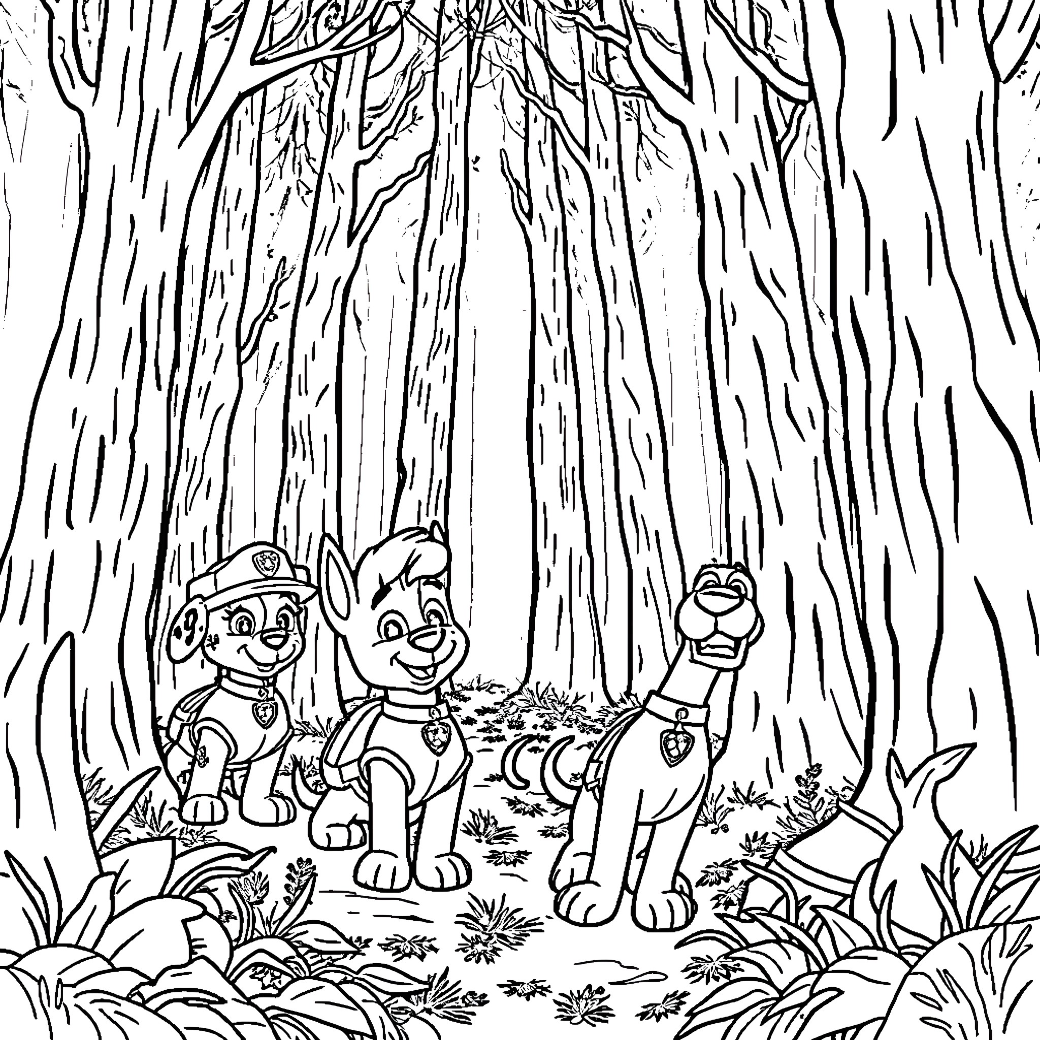 Paw Patrol Characters on an Adventure in the Forest Coloring Page (free black-and-white line drawing printable PDF for all, from beginners to advanced learners, including children, teens, adults, and seniors)