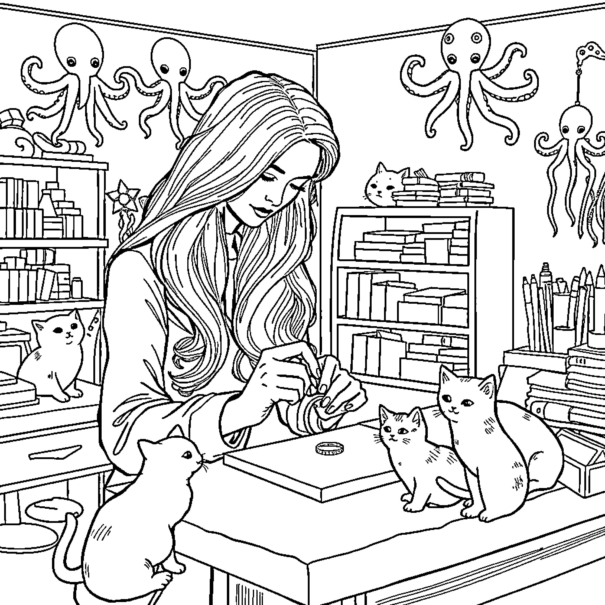 Woman Surrounded by Playful Kittens in Cozy Home Coloring Page (free black-and-white line drawing printable PDF for all, from beginners to advanced learners, including children, teens, adults, and seniors)