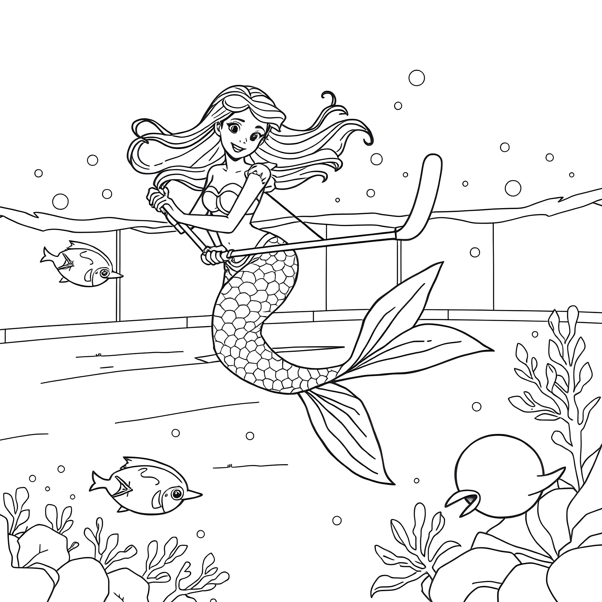 Mermaid relaxing on a ledge under the sea Coloring Page (free black-and-white line drawing printable PDF for all, from beginners to advanced learners, including children, teens, adults, and seniors)