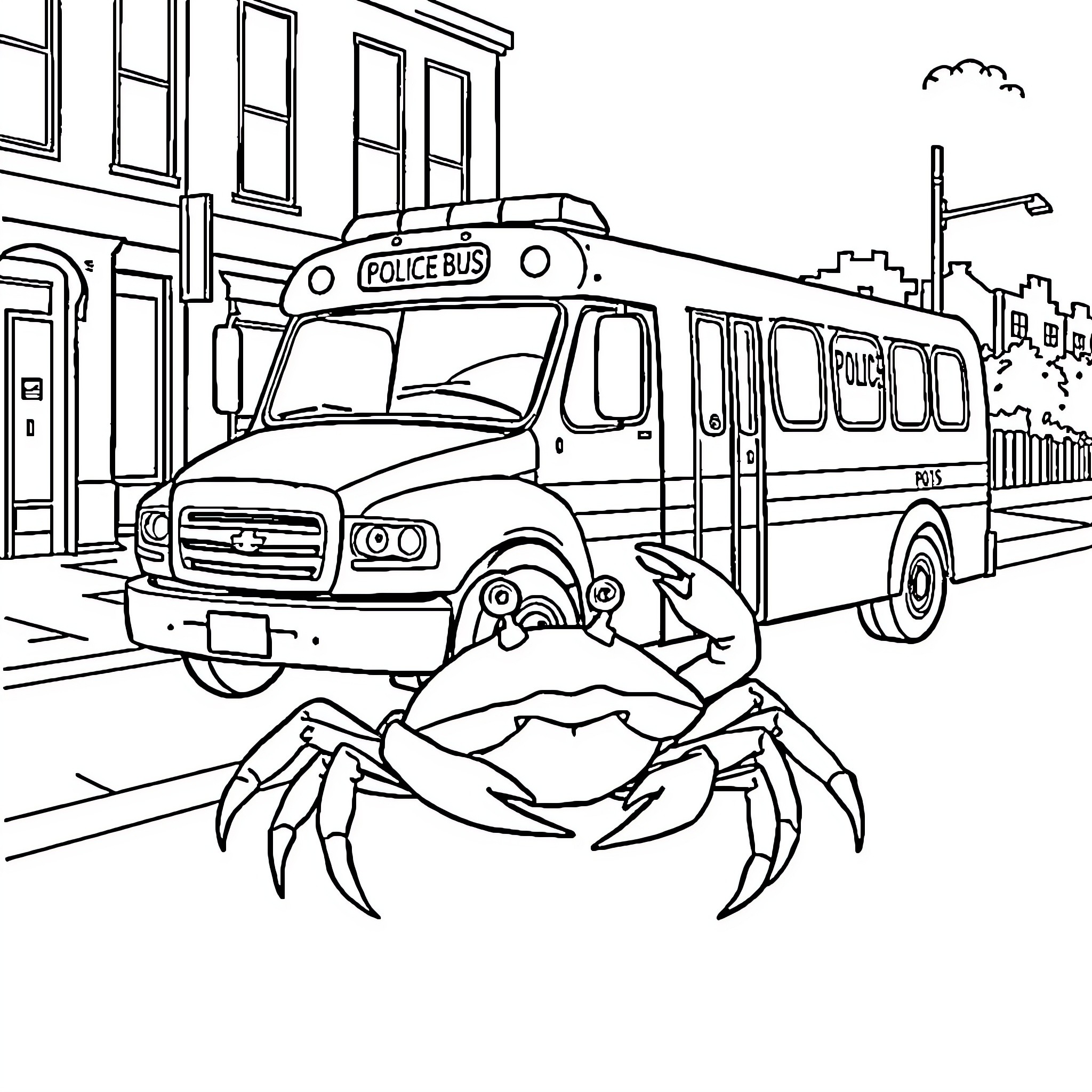 Crab crossing the street near police bus Coloring Page (free black-and-white line drawing printable PDF for all, from beginners to advanced learners, including children, teens, adults, and seniors)