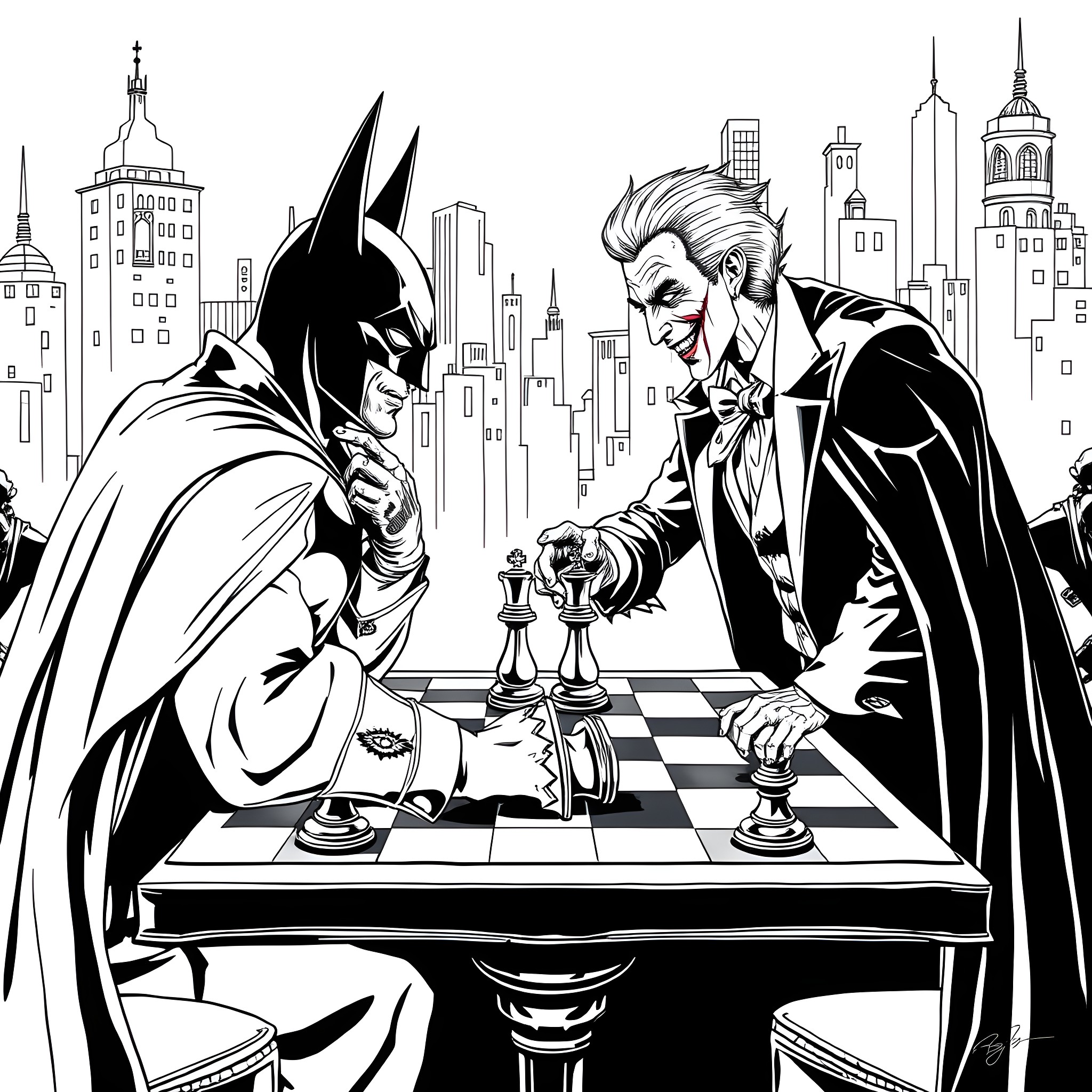 Batman and Joker Playing Chess in Gotham City Coloring Page (free black-and-white line drawing printable PDF for all, from beginners to advanced learners, including children, teens, adults, and seniors)