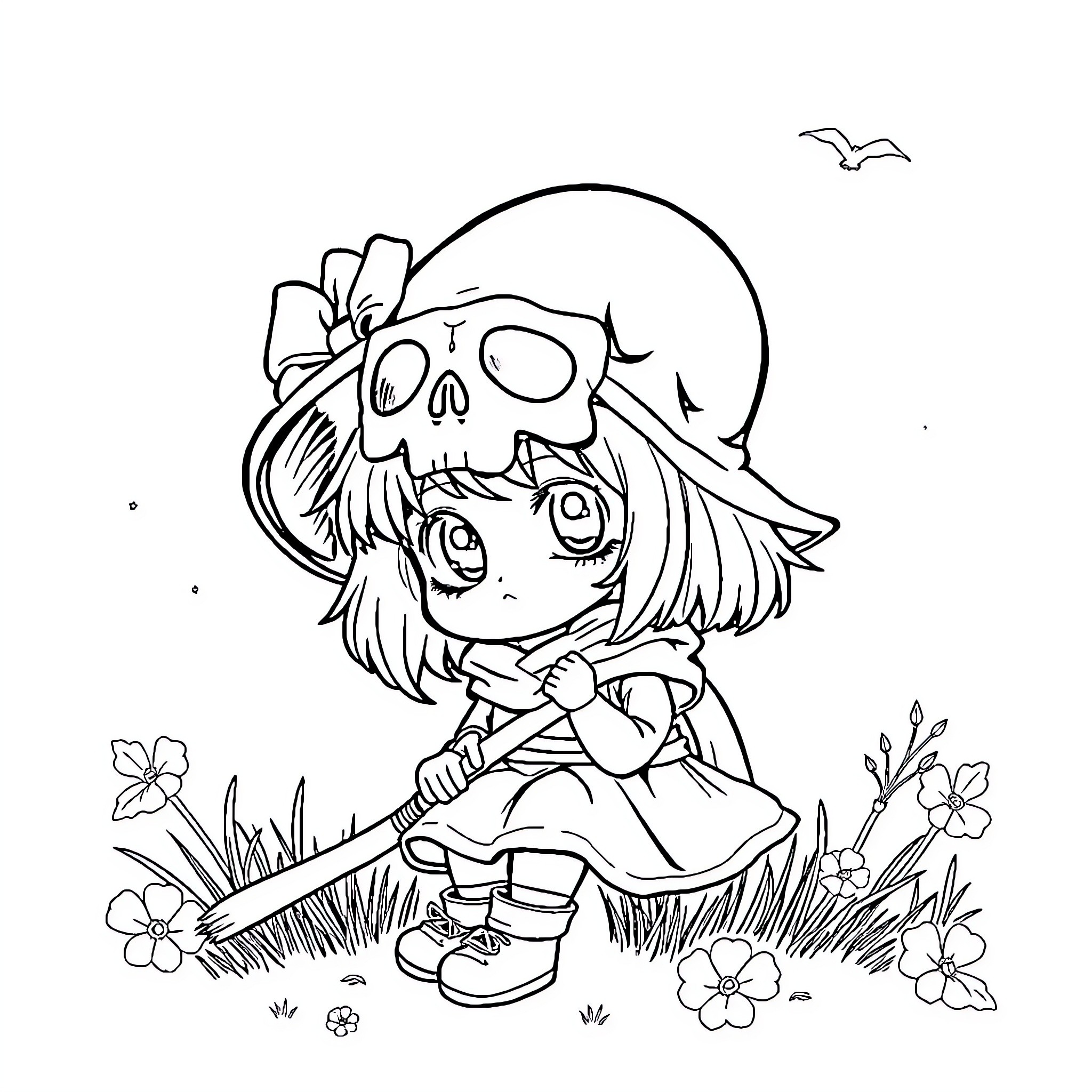 Kuromi exploring the enchanted forest Coloring Page (free black-and-white line drawing printable PDF for all, from beginners to advanced learners, including children, teens, adults, and seniors)