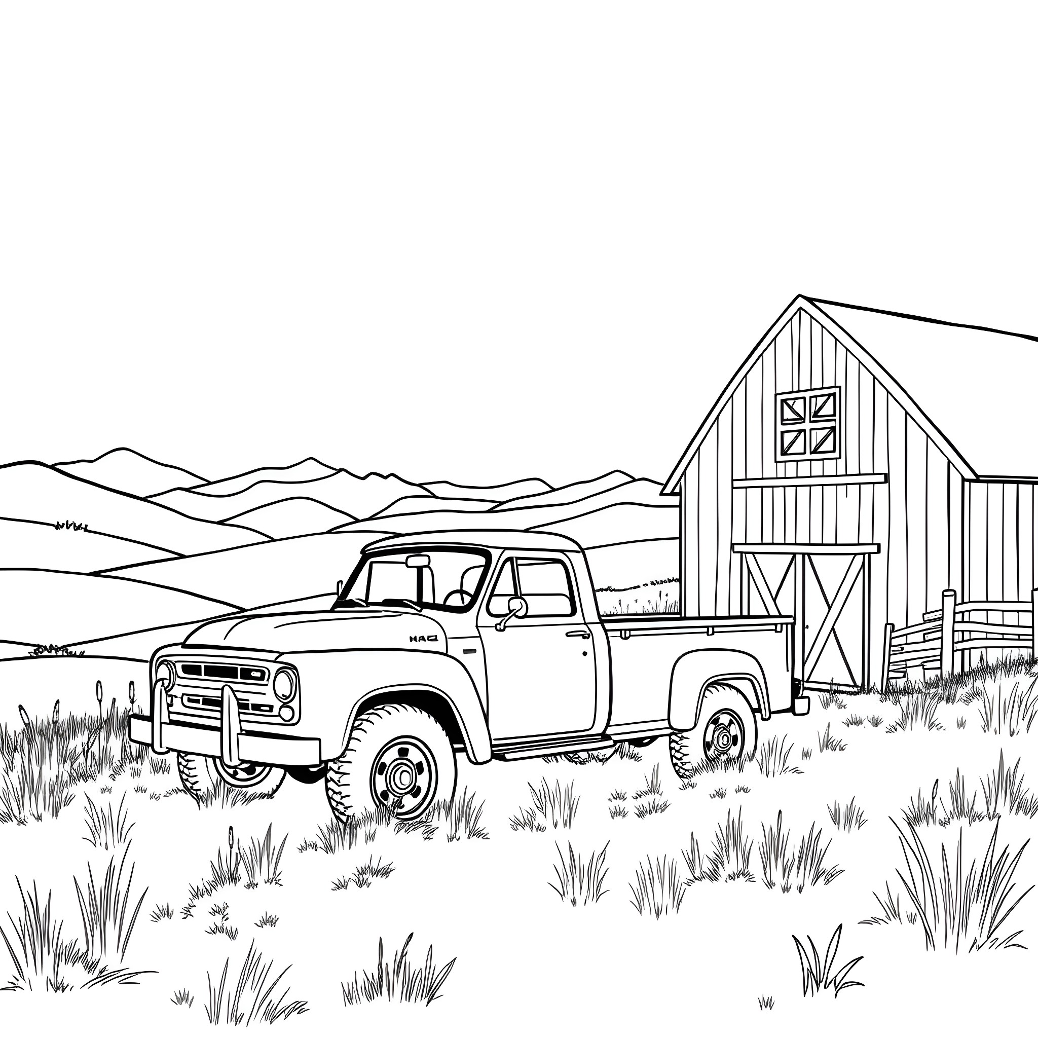 Truck in rural countryside with barn Coloring Page (free black-and-white line drawing printable PDF for all, from beginners to advanced learners, including children, teens, adults, and seniors)