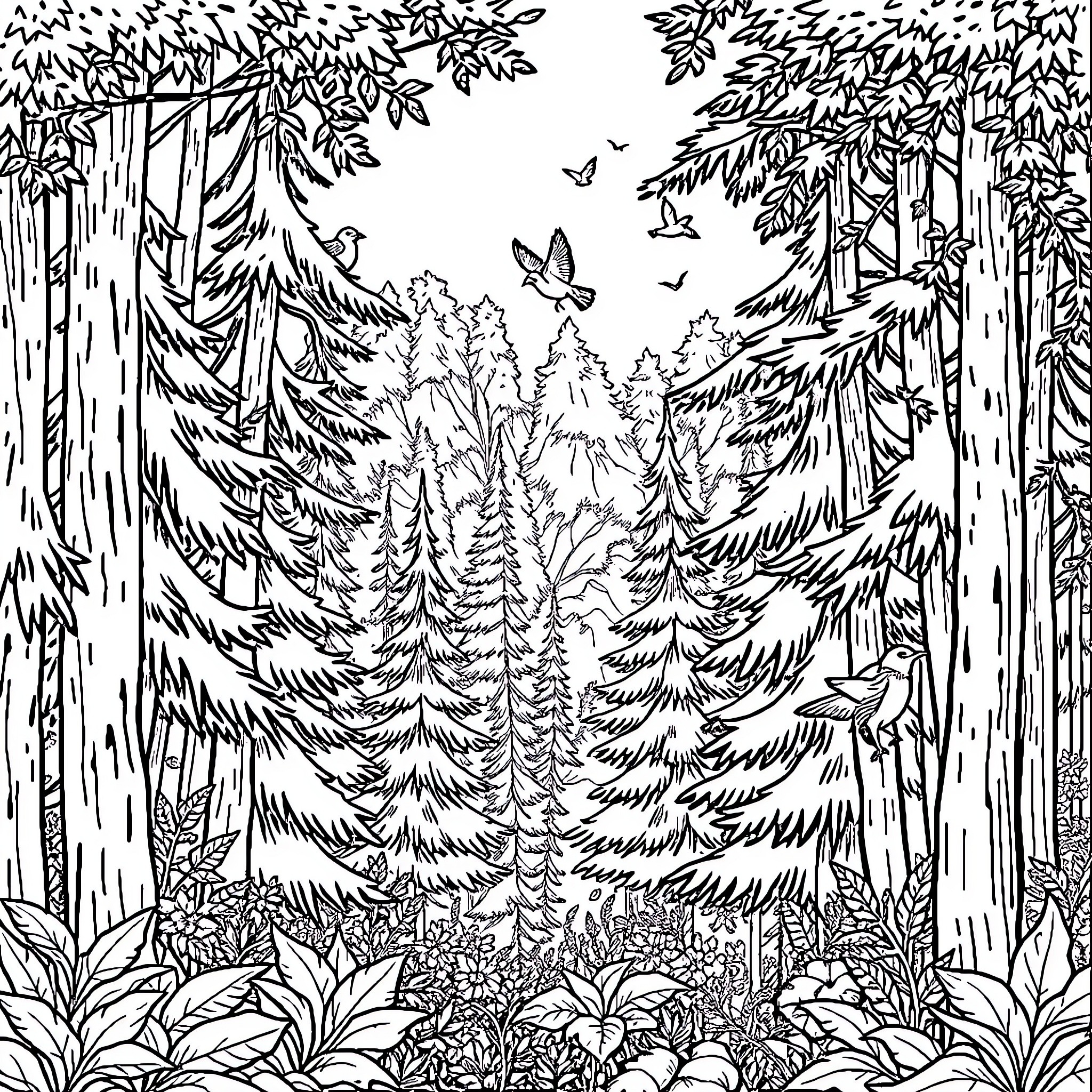 Forest Filled with Vibrant Foliage and Fluttering Butterflies Coloring Page (free black-and-white line drawing printable PDF for all, from beginners to advanced learners, including children, teens, adults, and seniors)