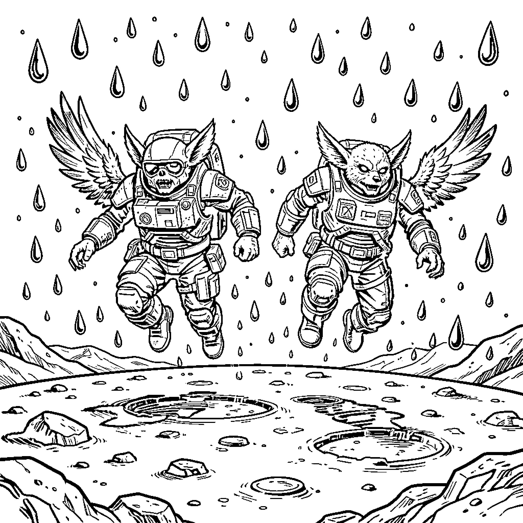 Darrow winged anthropomorphic characters jumping on a lunar surface Coloring Page (free black-and-white line drawing printable PDF for all, from beginners to advanced learners, including children, teens, adults, and seniors)