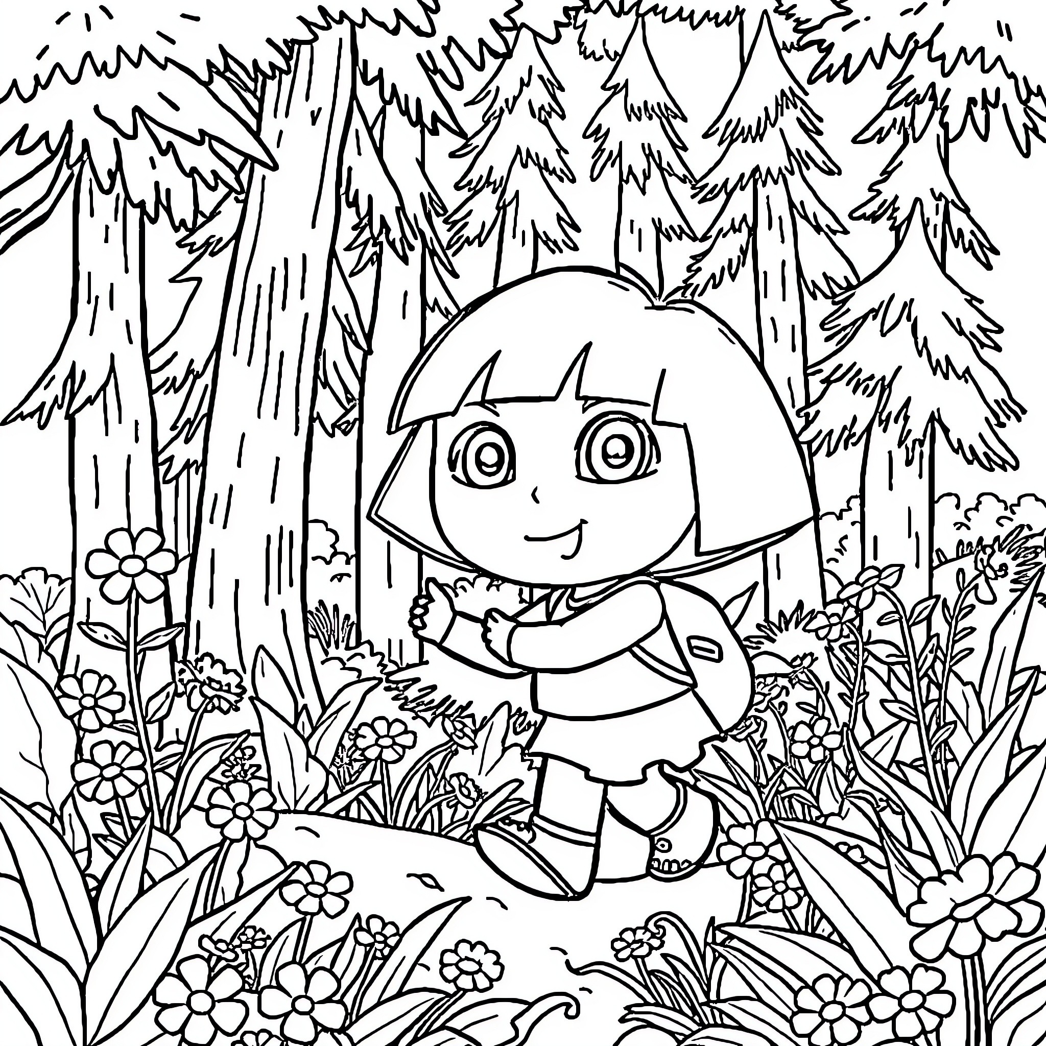 Dora Exploring the Enchanting Forest Coloring Page (free black-and-white line drawing printable PDF for all, from beginners to advanced learners, including children, teens, adults, and seniors)