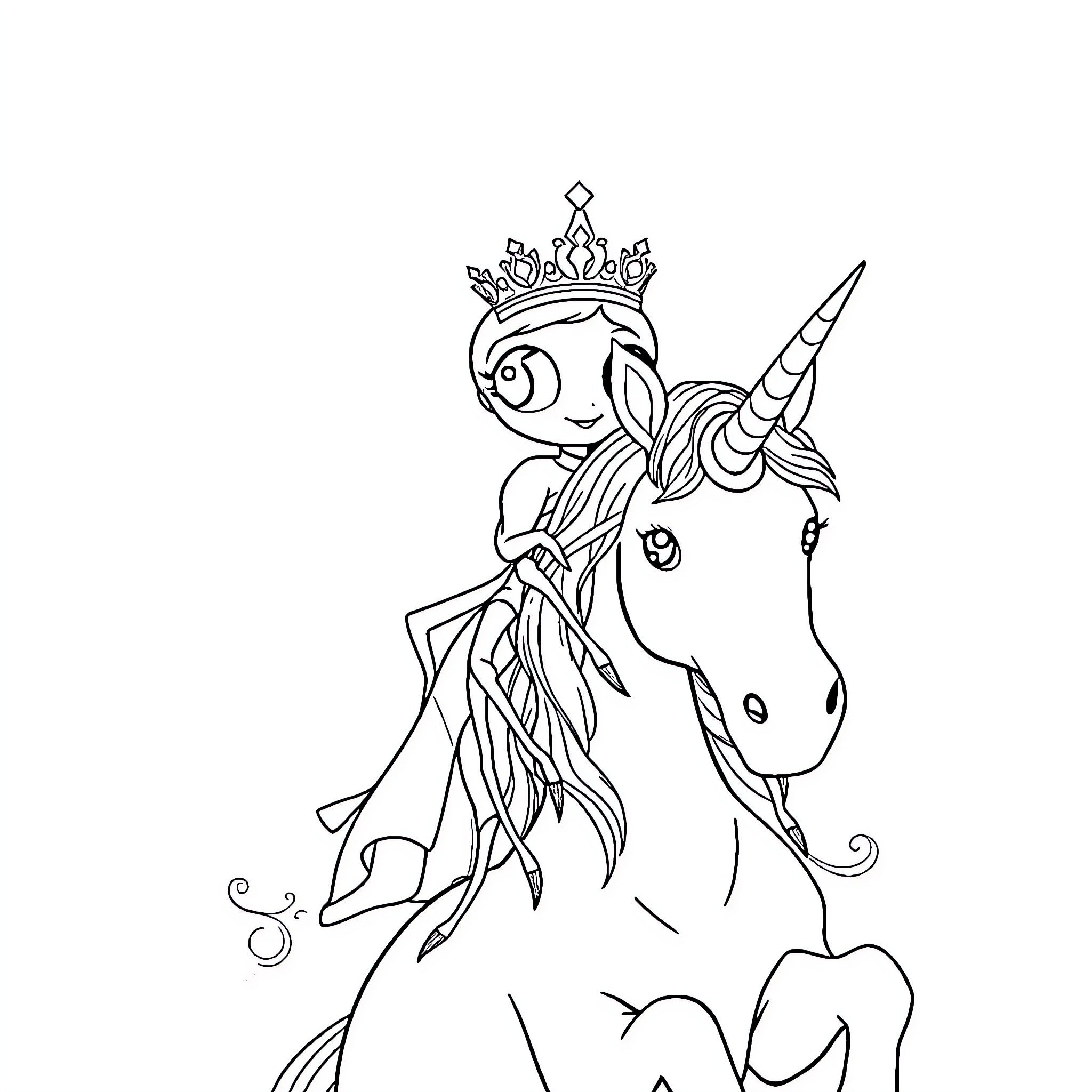 Princess Unicorn in Whimsical Attire Coloring Page (free black-and-white line drawing printable PDF for all, from beginners to advanced learners, including children, teens, adults, and seniors)