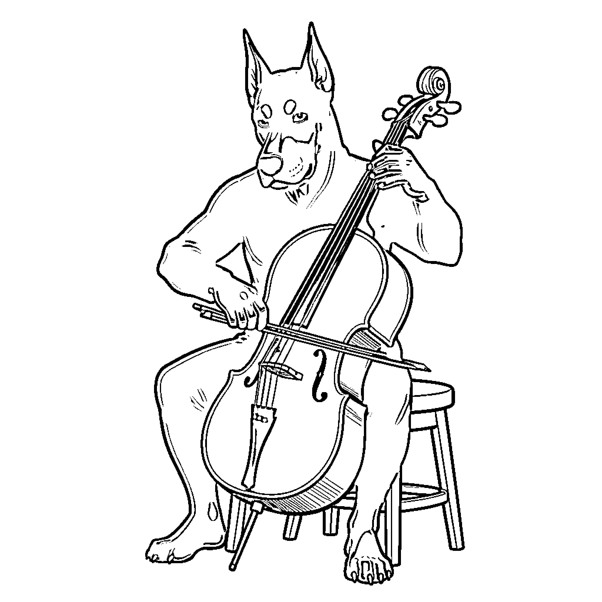 Doberman musician playing the cello Coloring Page (free black-and-white line drawing printable PDF for all, from beginners to advanced learners, including children, teens, adults, and seniors)