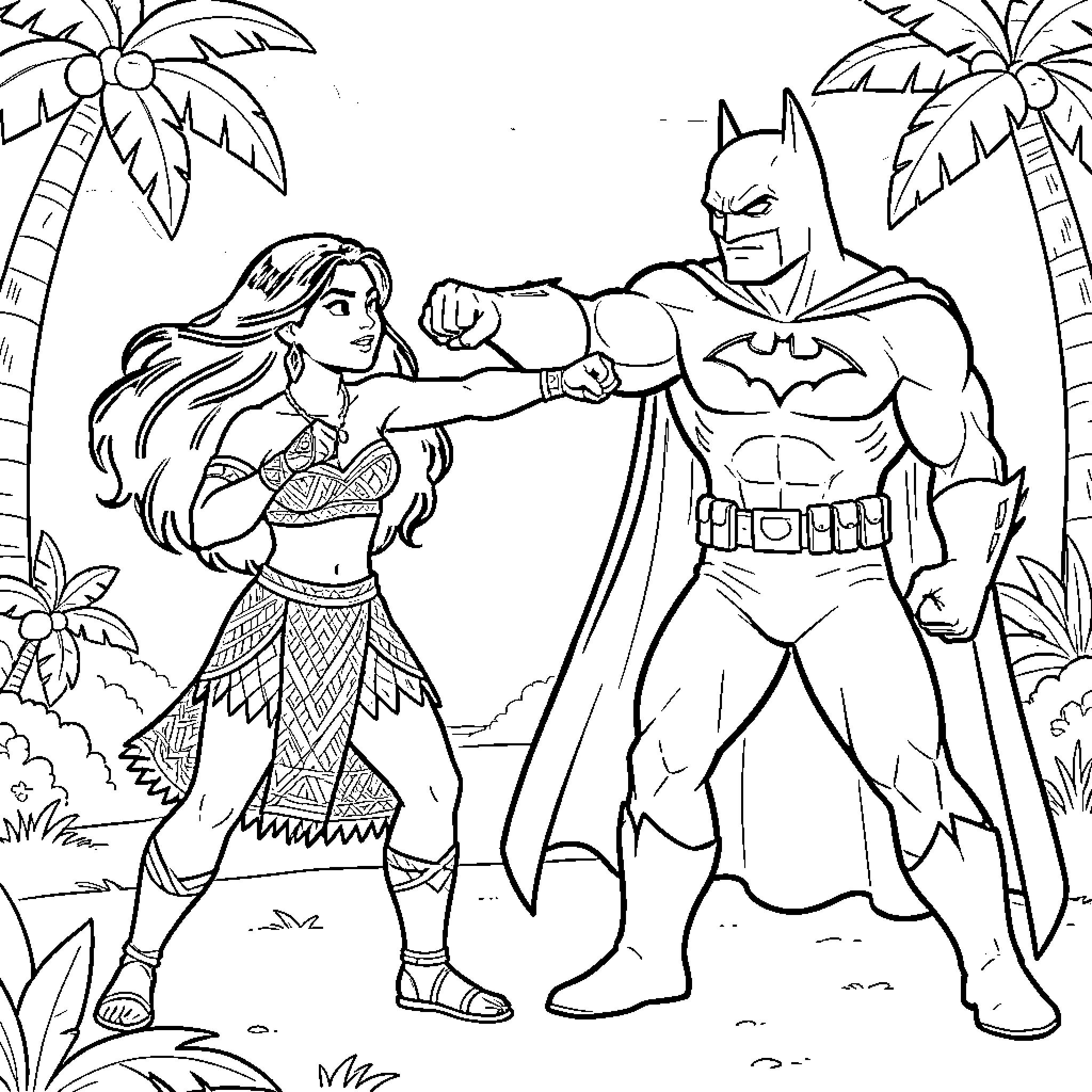 Moana facing off against Batman in a tropical setting Coloring Page (free black-and-white line drawing printable PDF for all, from beginners to advanced learners, including children, teens, adults, and seniors)