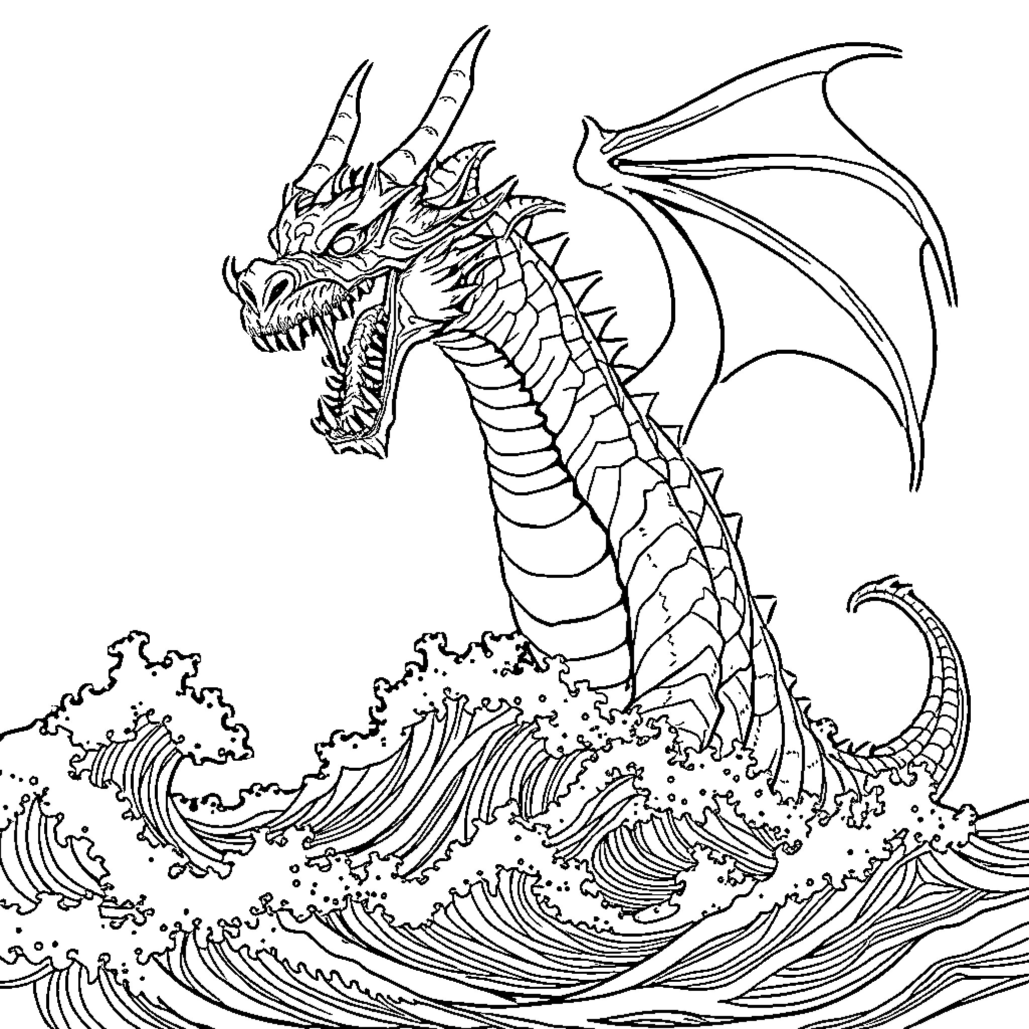 Dragon Emerging from Stormy Seas Coloring Page (free black-and-white line drawing printable PDF for all, from beginners to advanced learners, including children, teens, adults, and seniors)